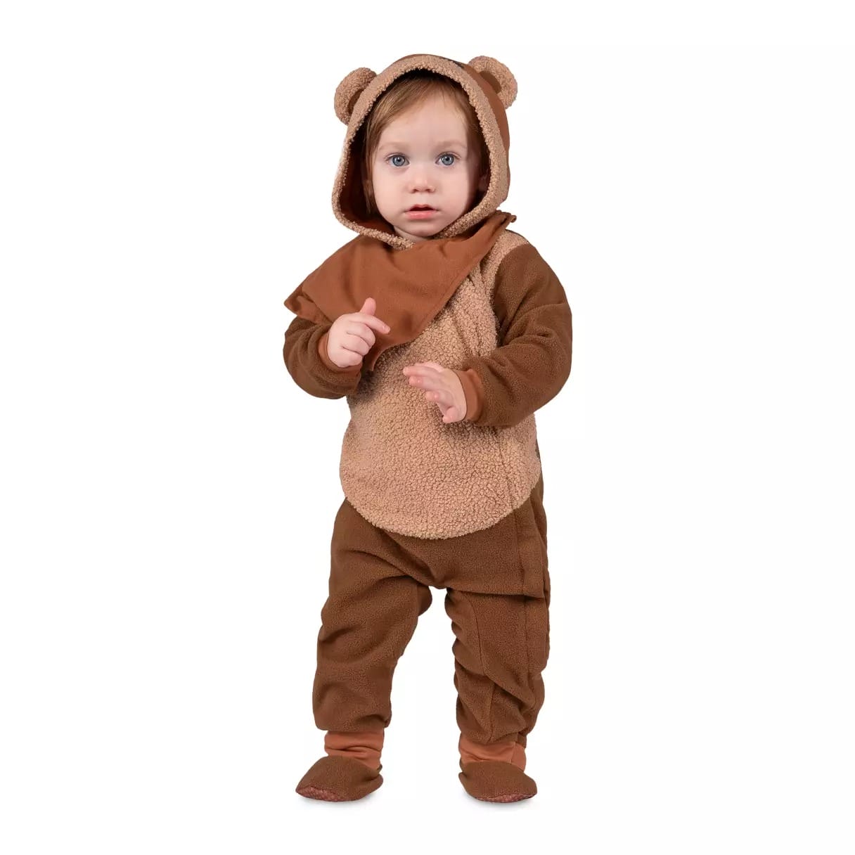 A toddler in a brown bear costume with bear ears from the Disney Store, standing against a white background.