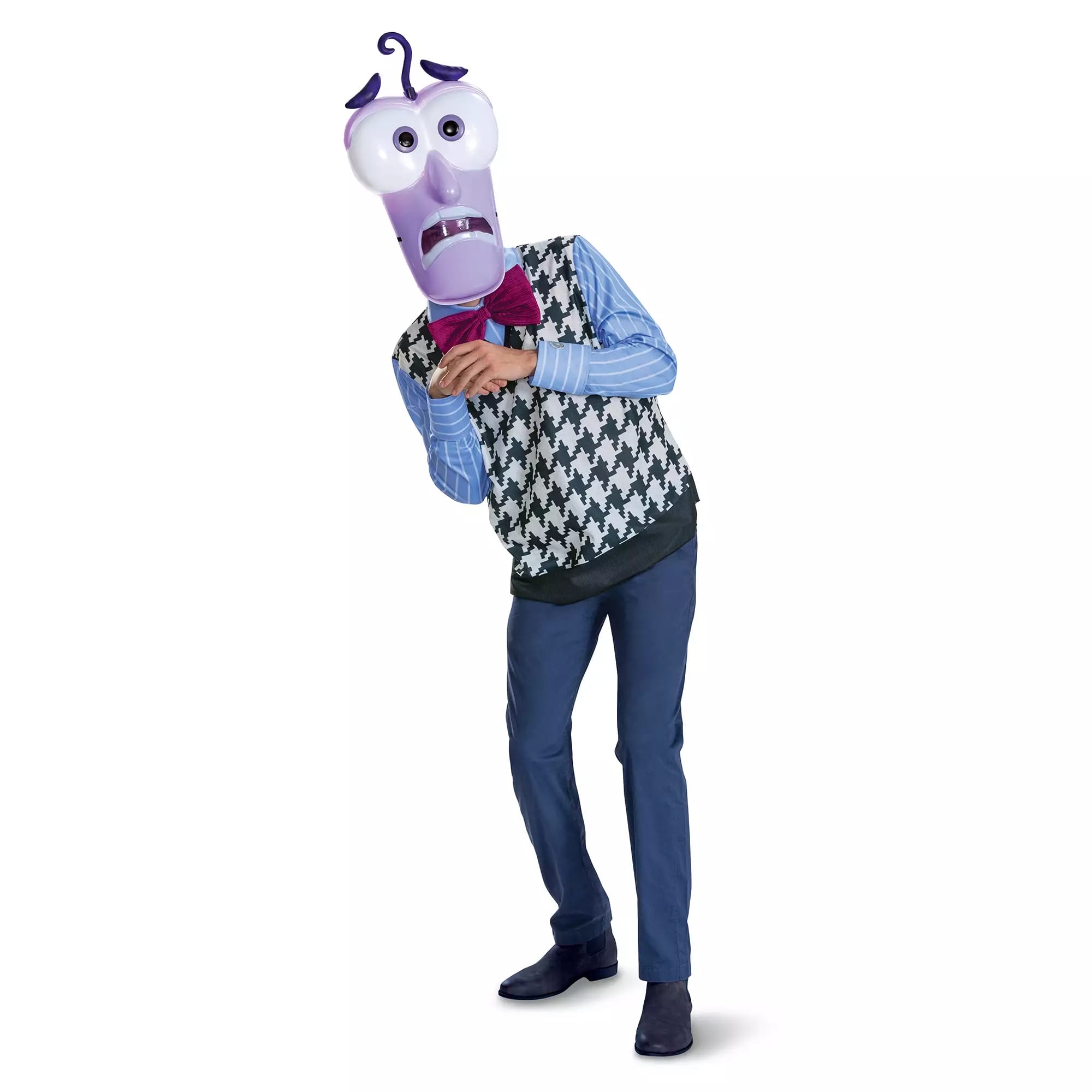 Person in a purple cartoon character costume, perfect for Halloween Costumes, with a houndstooth vest and worried face mask.