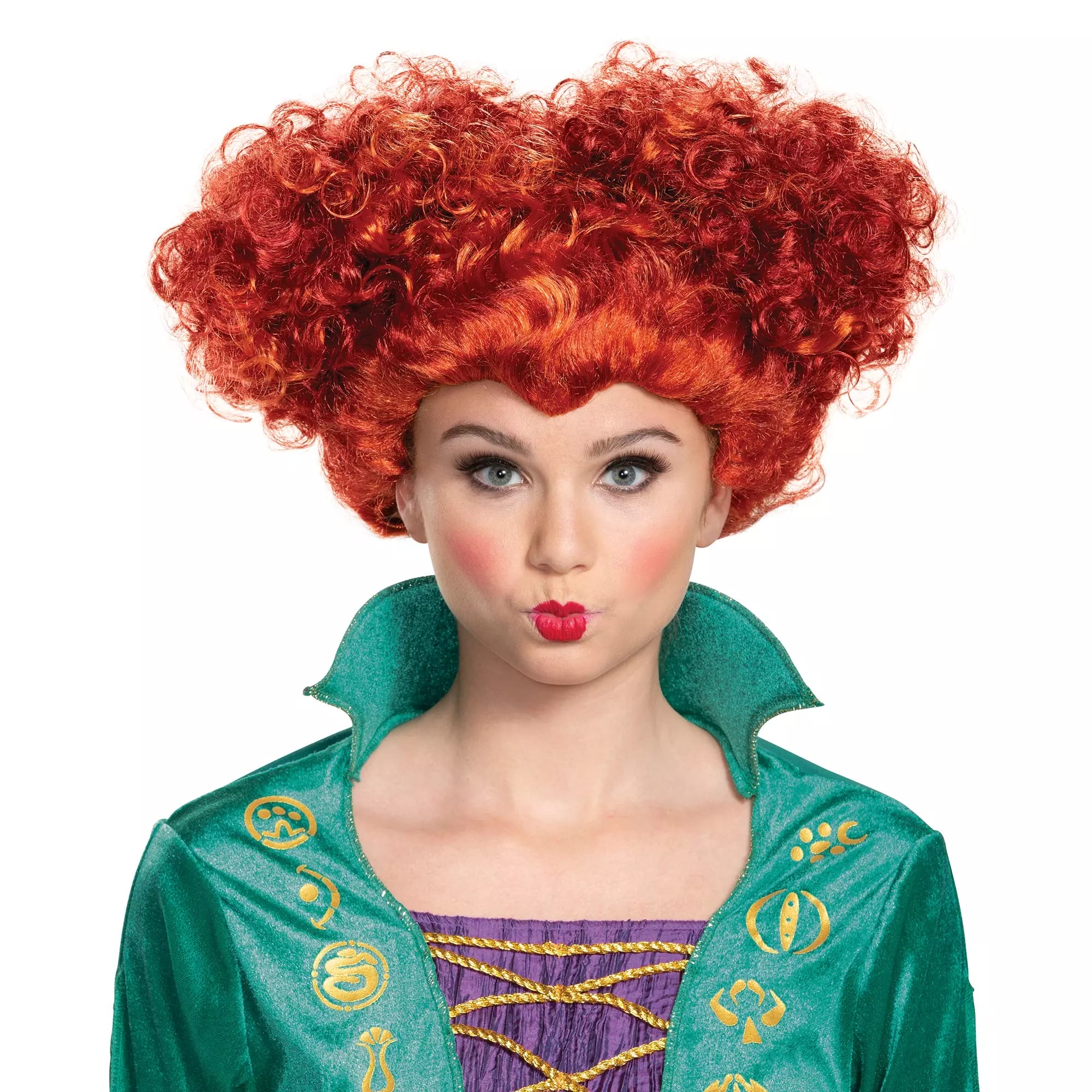 Woman in a curly red wig and green costume, perfect for Halloween Costumes, making a puckered face with red lips.