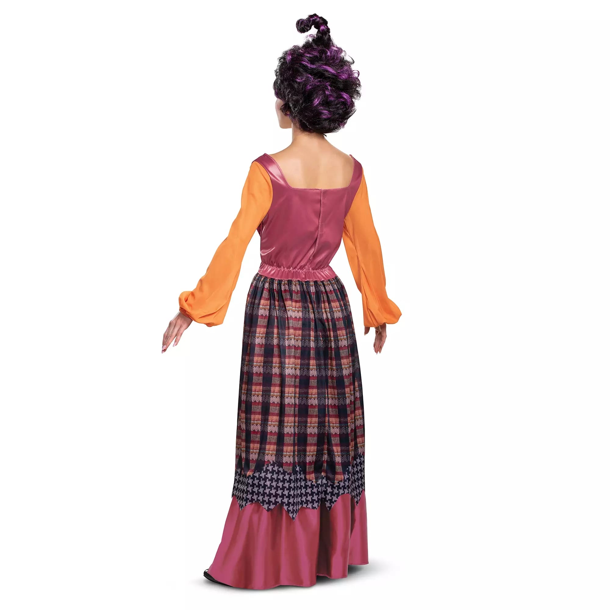 Woman in a long dress with orange sleeves and patterned skirt, like one of the Disney Store’s Halloween costumes, back to camera.
