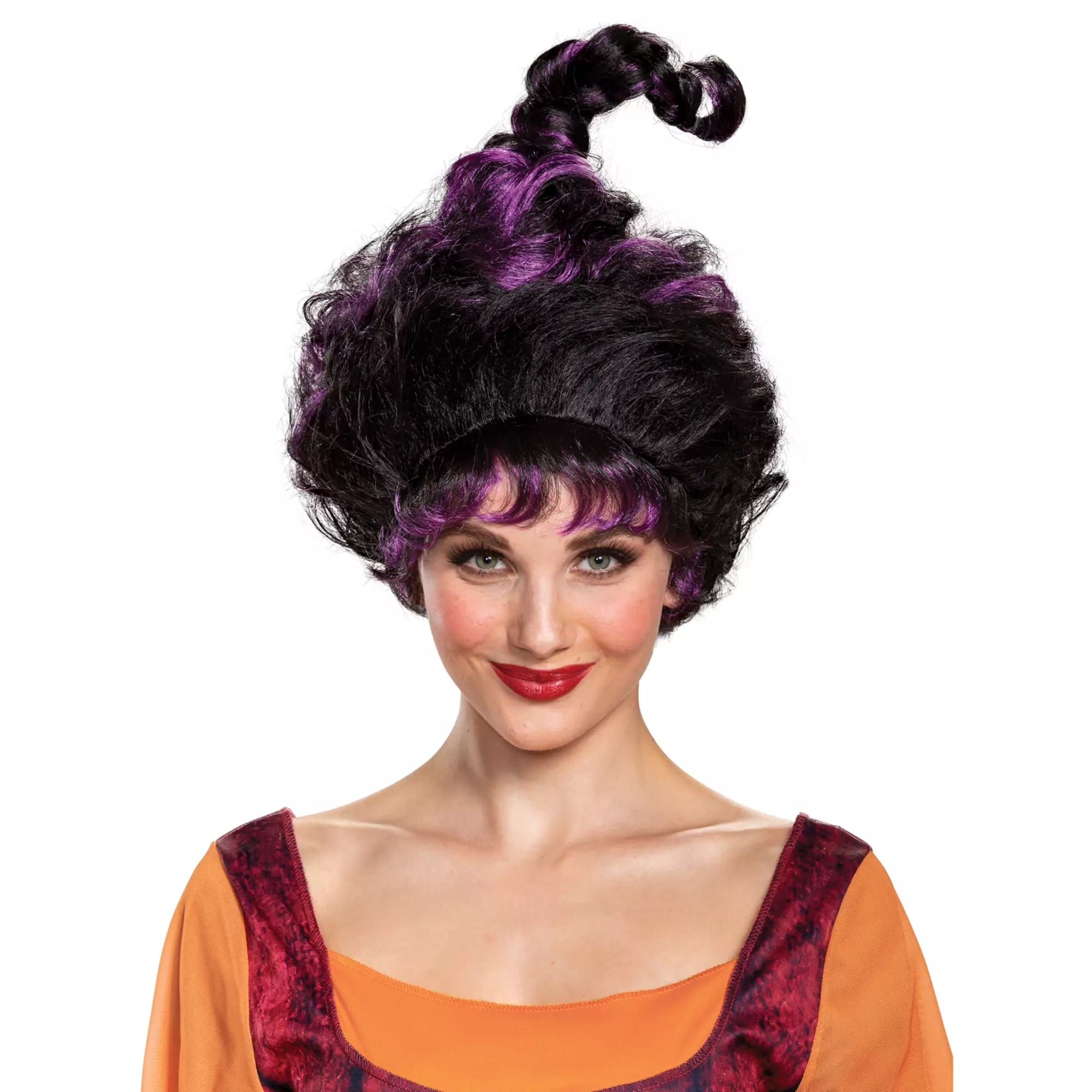 Woman in a Halloween costume from the Disney Store, with a curly black and purple updo wig, smiling at the camera.