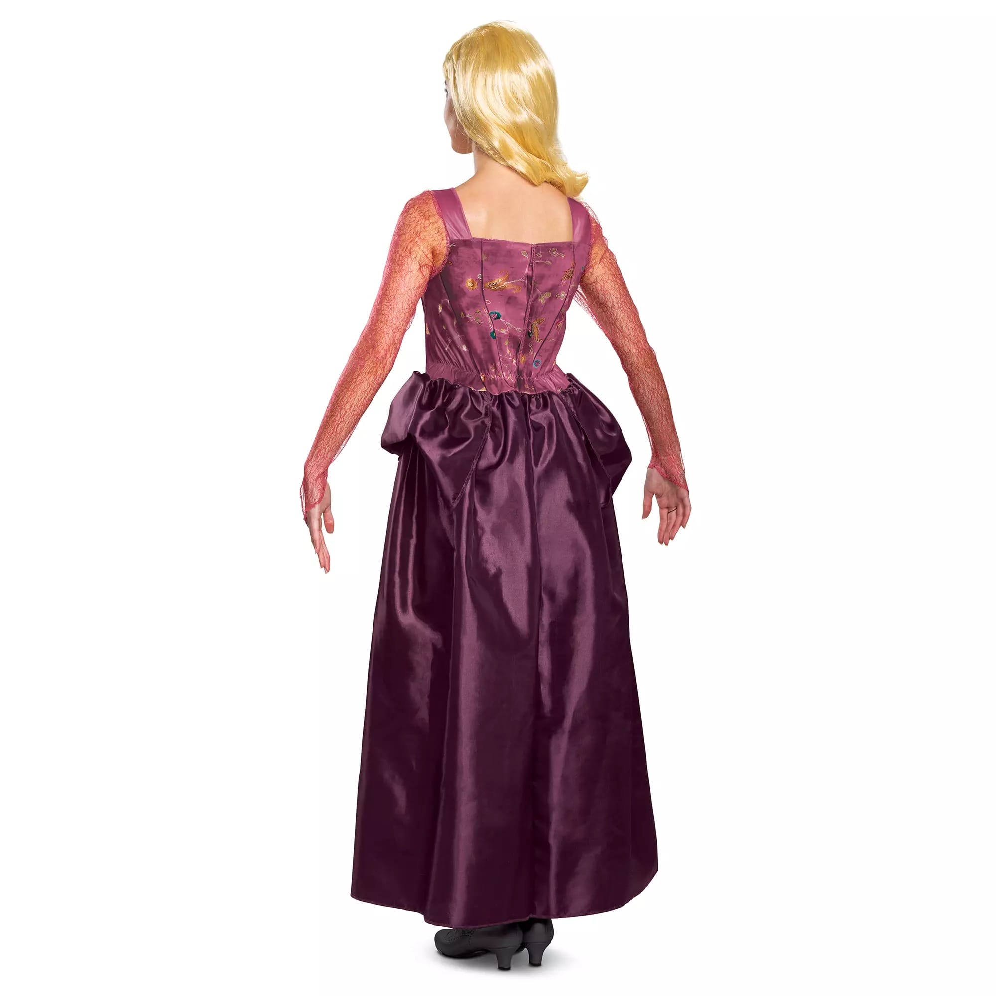 Person in a long-sleeved, purple dress and blonde wig, shown from the back—perfect for Disney Store Halloween costumes.