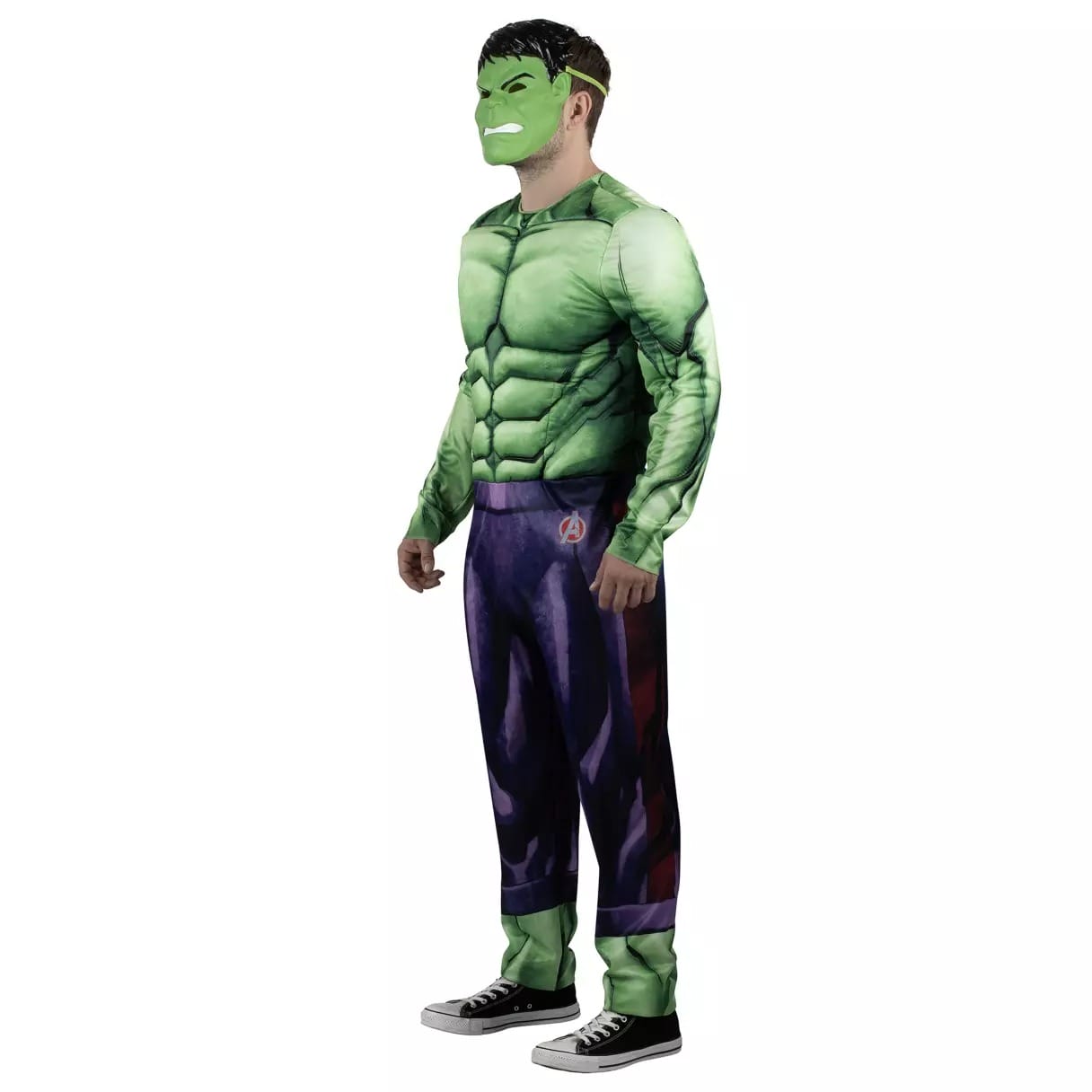 Person wearing a Hulk costume from the Disney Store with a green mask and purple pants—fun for Halloween costumes.