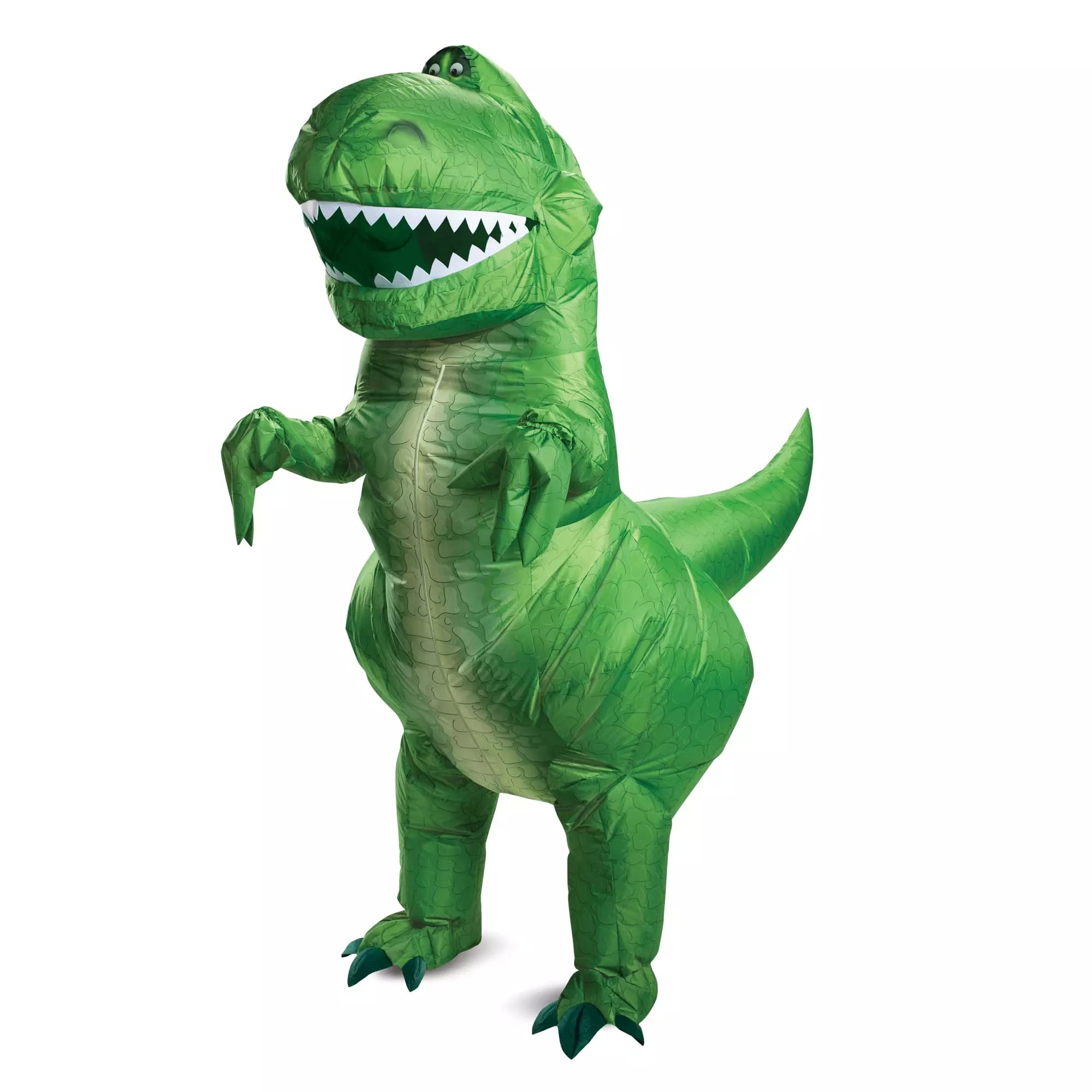 Person wearing a green inflatable dinosaur costume—perfect for Halloween costumes—stands upright with short arms and open mouth.