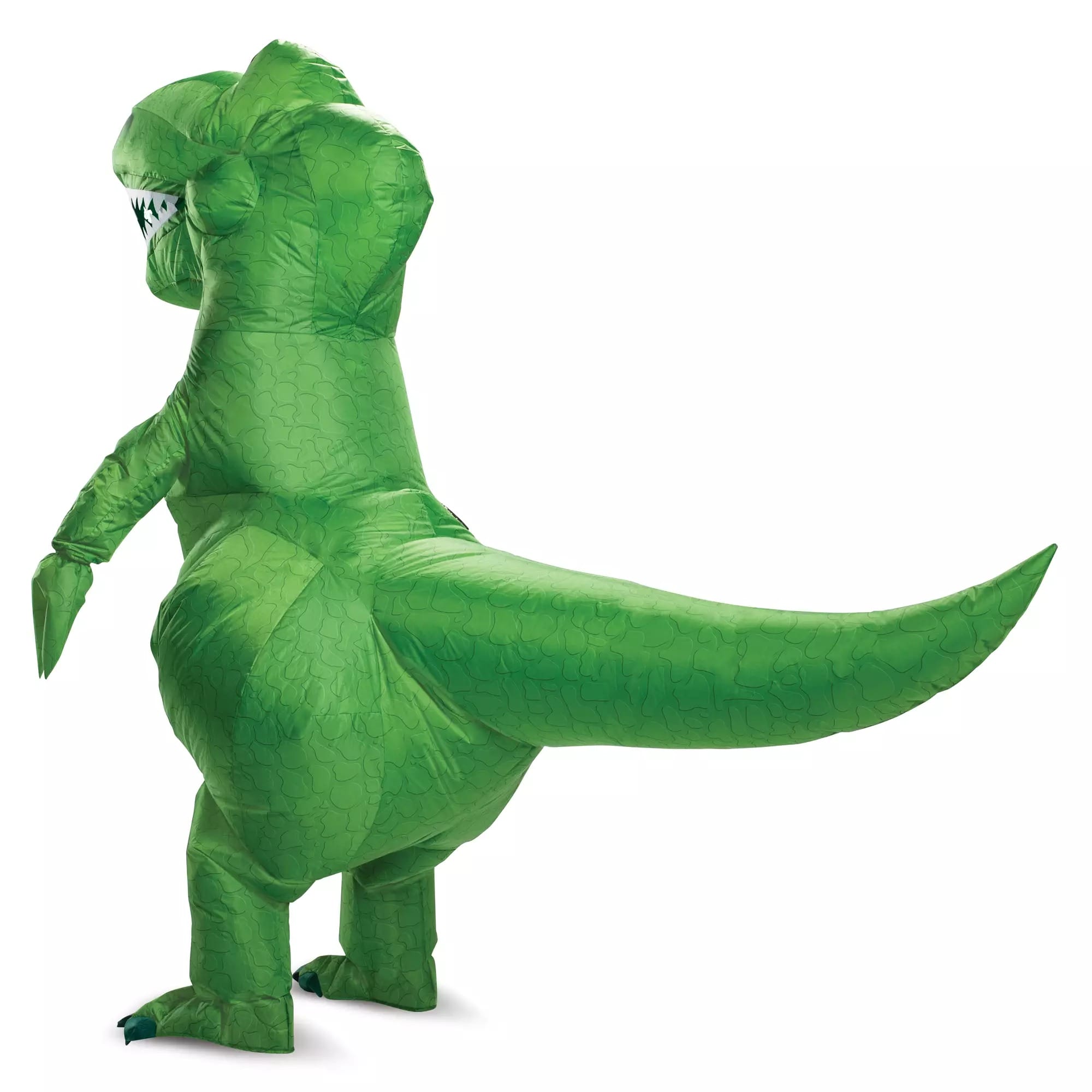 Person wearing an inflatable green dinosaur costume, perfect for Halloween costumes, standing on a white background.