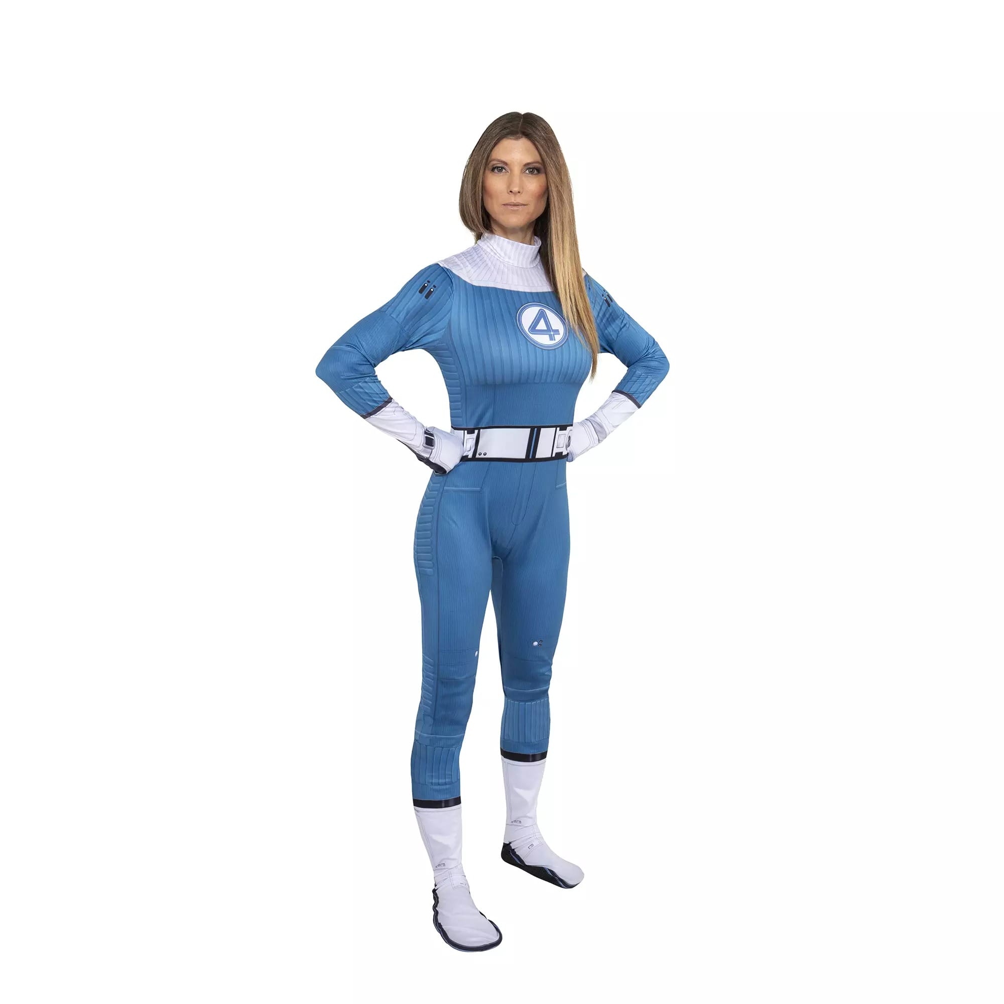 A woman in a blue superhero costume from the Disney Store stands hands-on-hips—perfect for Halloween costumes.