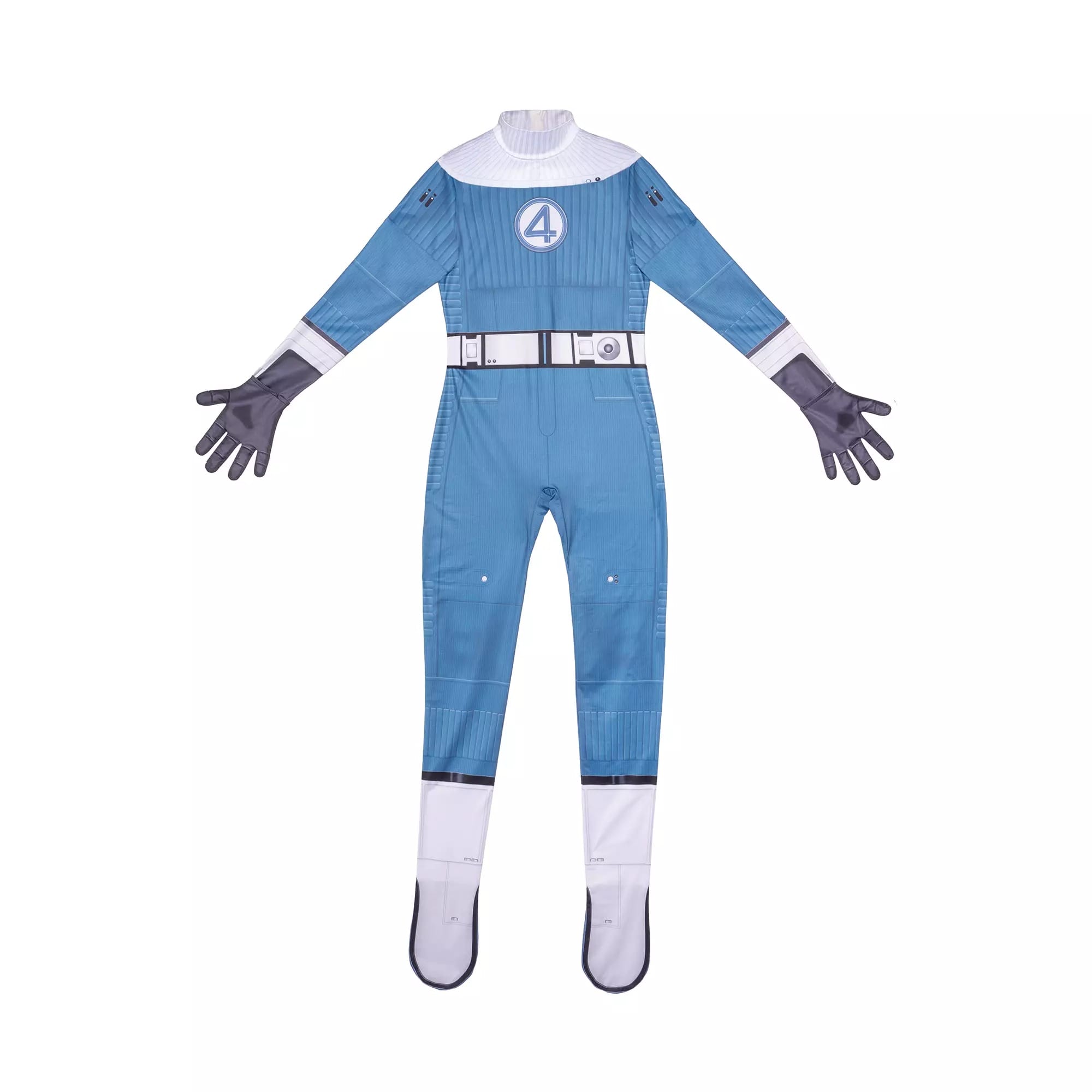Blue and white Fantastic Four Halloween costume with gloves and boots, laid flat—officially from Disney Store.