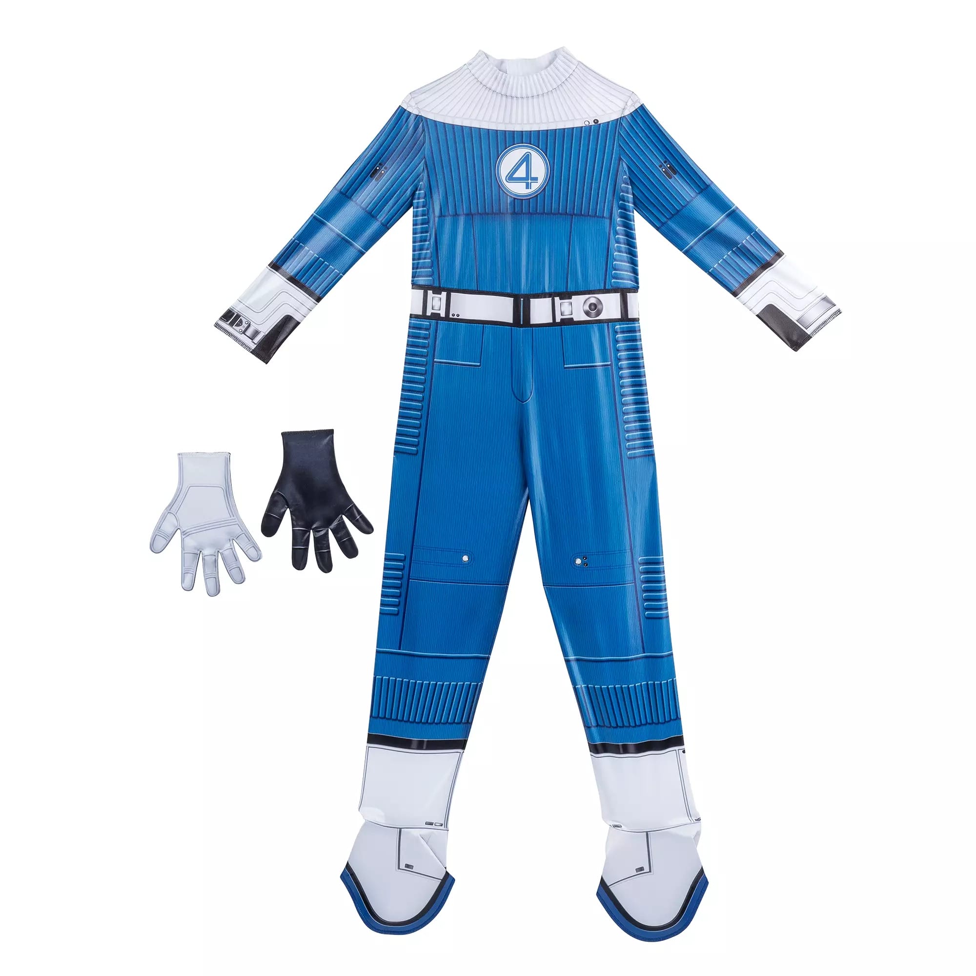 Blue Fantastic Four superhero costume for kids from the Disney Store, perfect for Halloween costumes; includes jumpsuit and gloves.