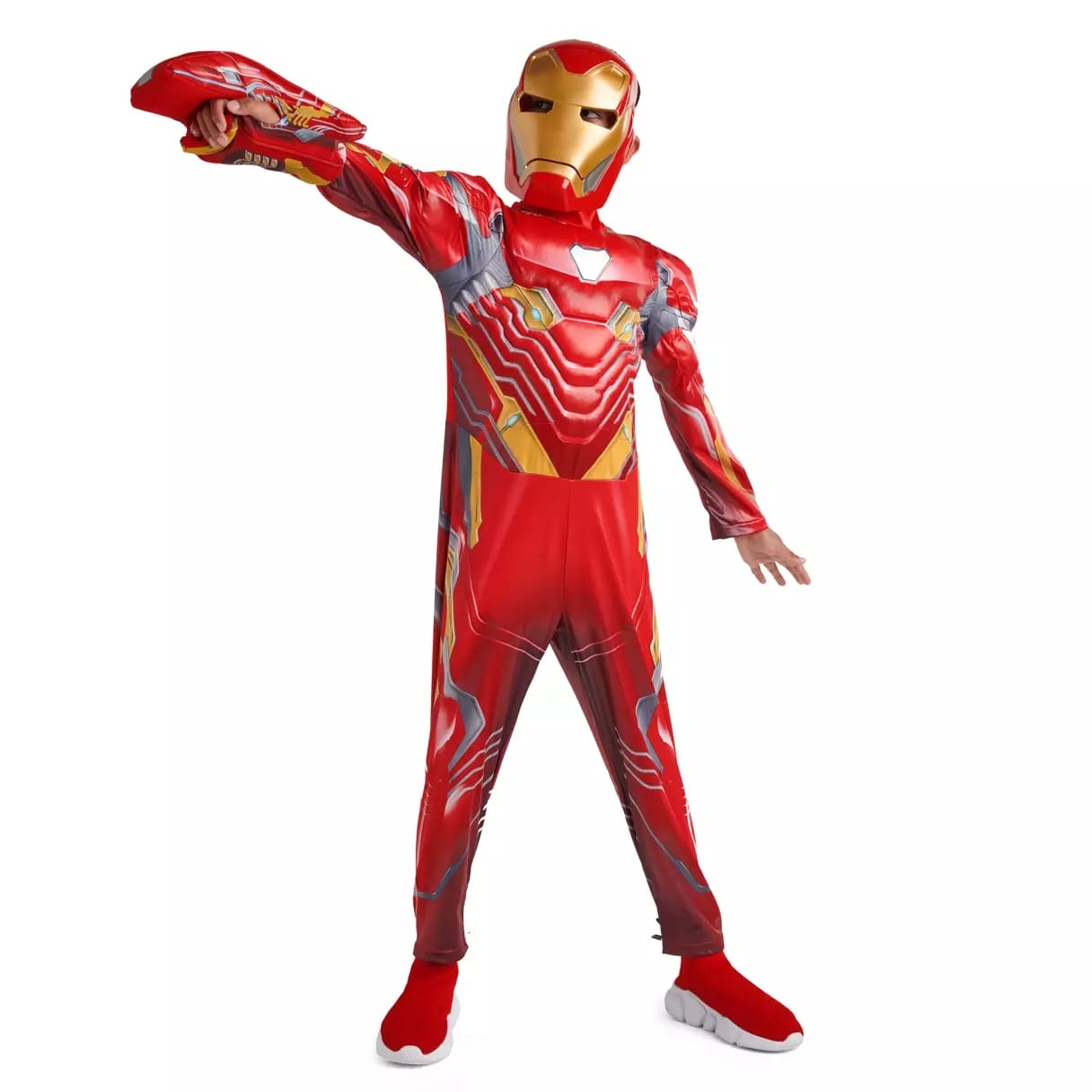 Person wearing a red and gold Iron Man Disney Costume, standing and raising one arm upward against a white background.