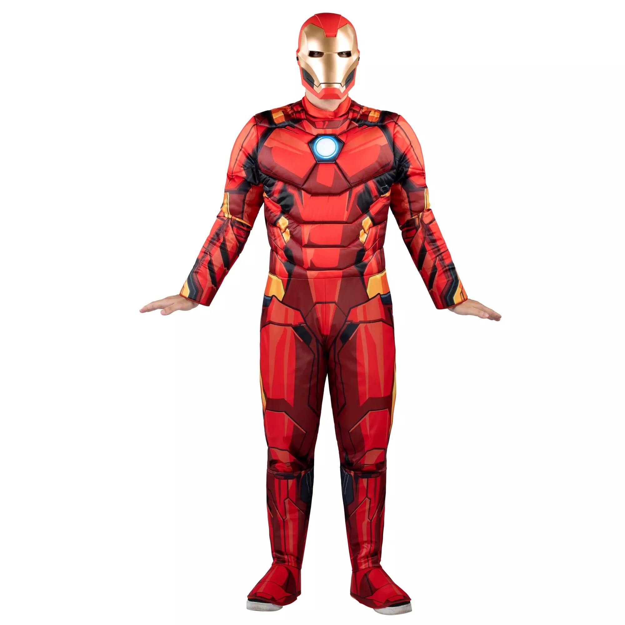 Person in a full-body Iron Man costume from the Disney Store, standing with arms out, perfect for Halloween costumes.