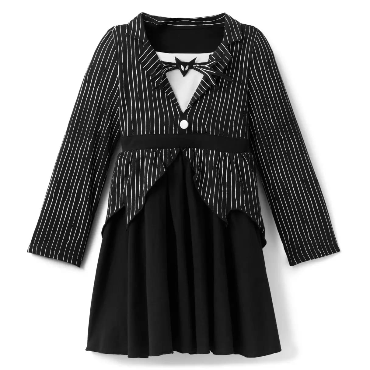 Black dress with white pinstripes, jacket-style bodice—perfect for Halloween costumes or a chic Disney Store look.