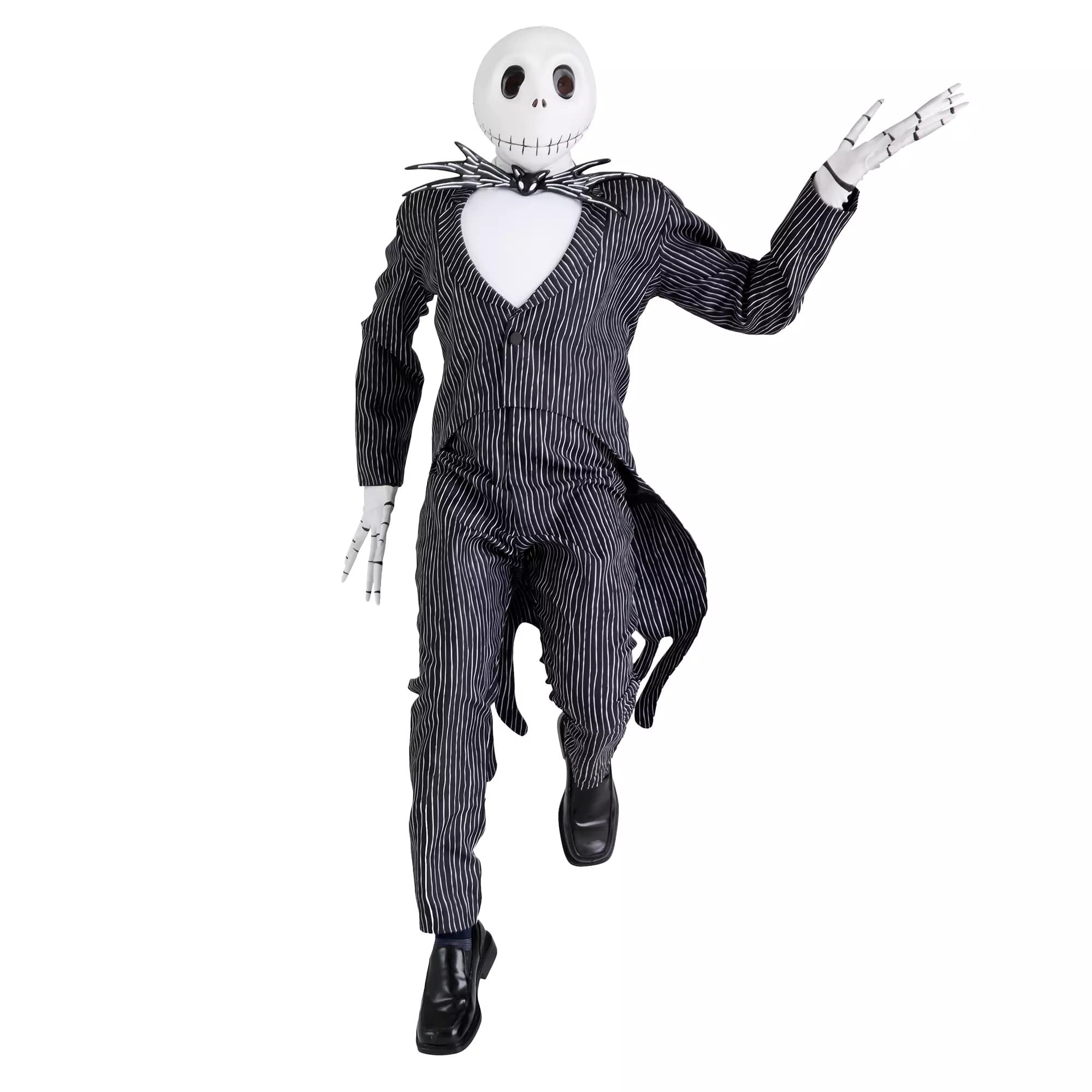 A skeleton in a pinstripe suit and bow tie waves—perfect inspiration for Disney Store Halloween costumes.