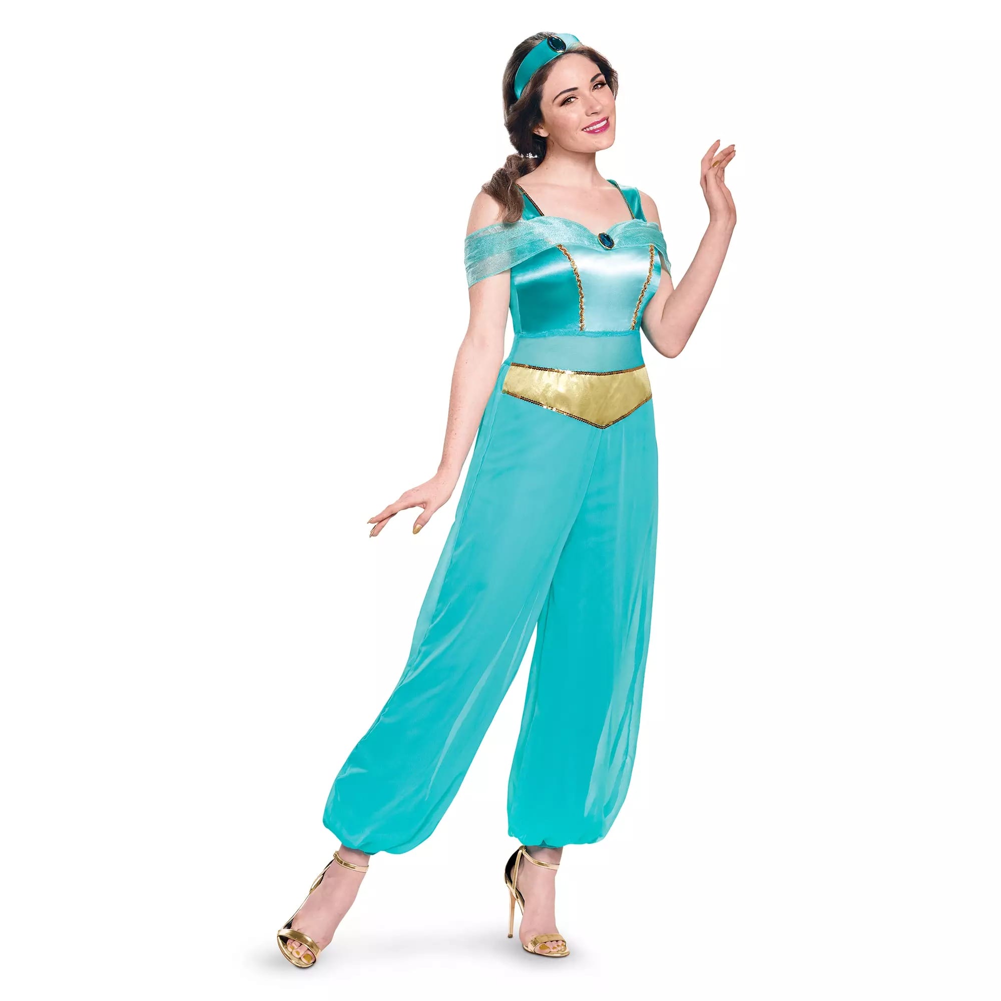 Woman in a blue and gold princess costume from the Disney Store, smiling in gold heels—perfect for Halloween costumes.