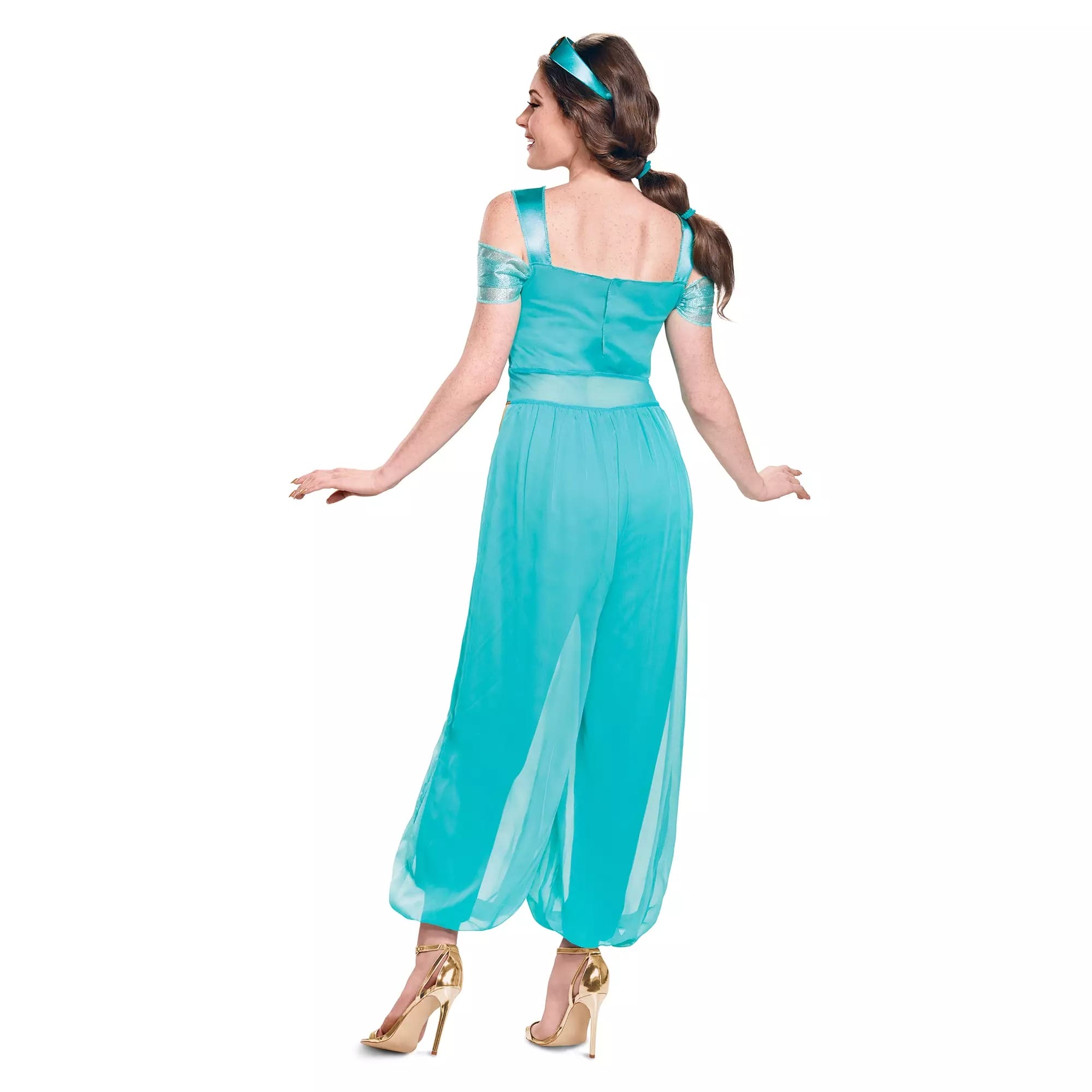Woman in a turquoise, off-the-shoulder costume from Disney Store, sheer pants and gold heels—perfect for Halloween costumes.