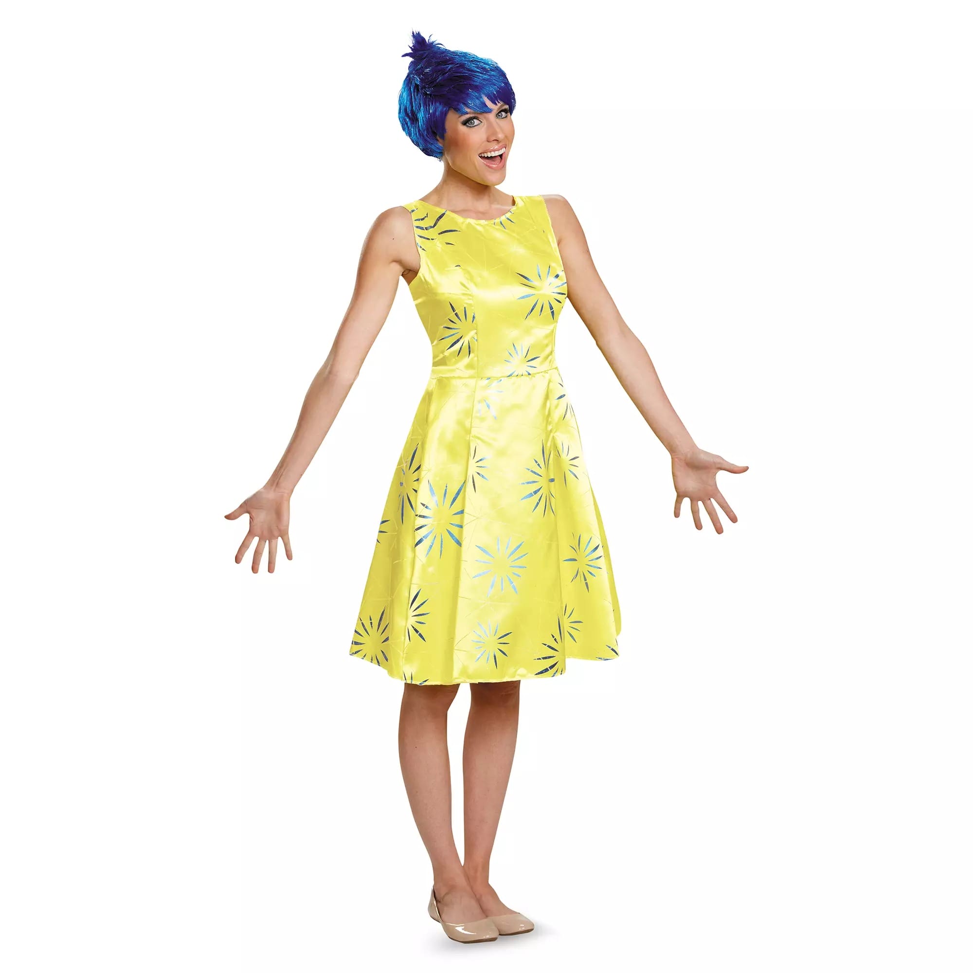 Woman in a yellow starburst dress and blue wig, smiling with arms open—a Disney Store Halloween costume delight.
