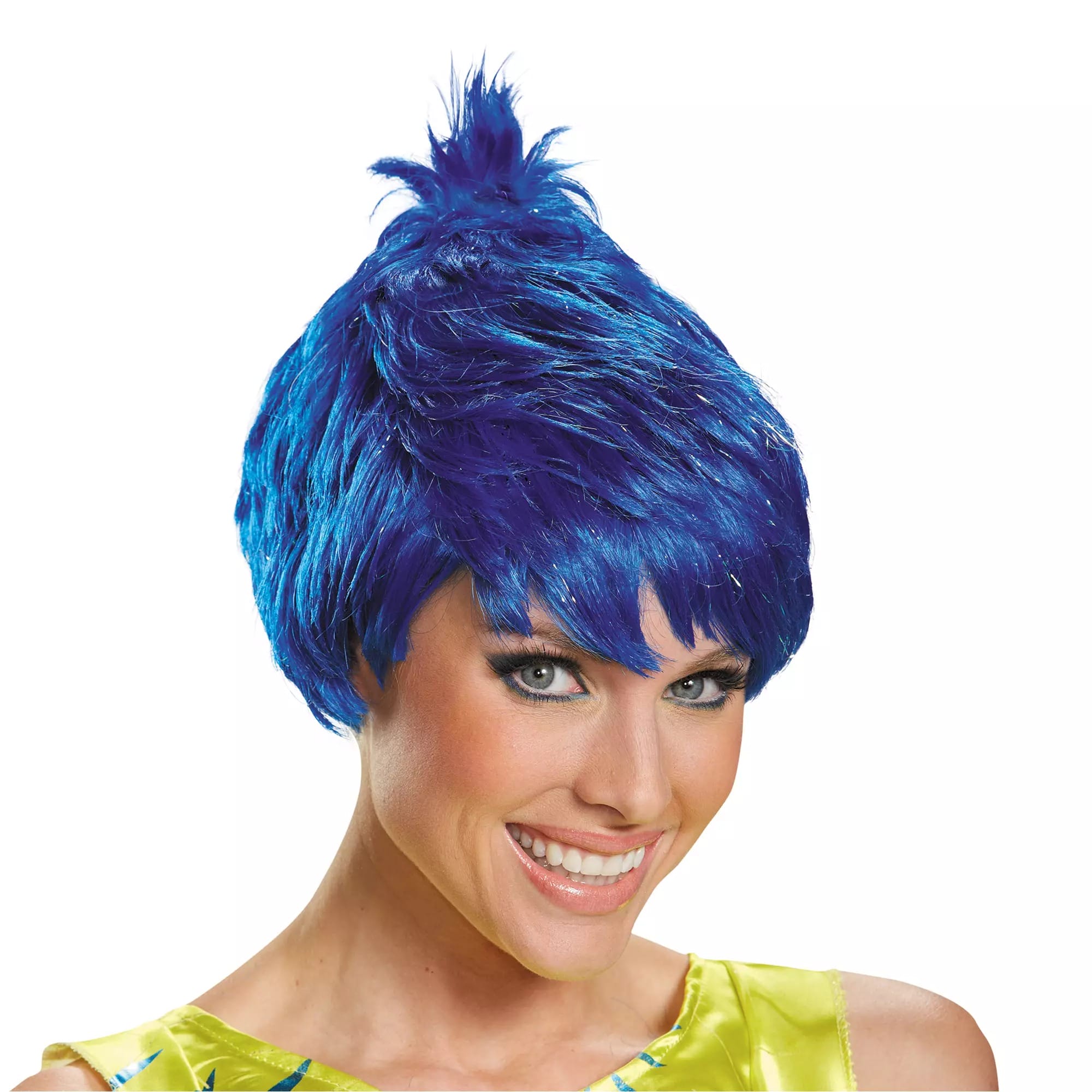 Smiling person in a bright blue, spiky wig and shiny yellow top—perfect for fun Halloween costumes.