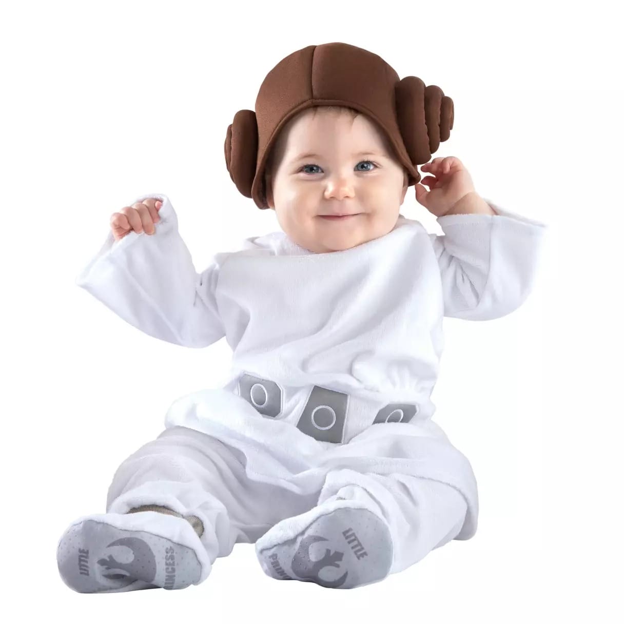 Baby in a white costume with Princess Leia's hair buns, perfect for Halloween costumes from Disney Store.