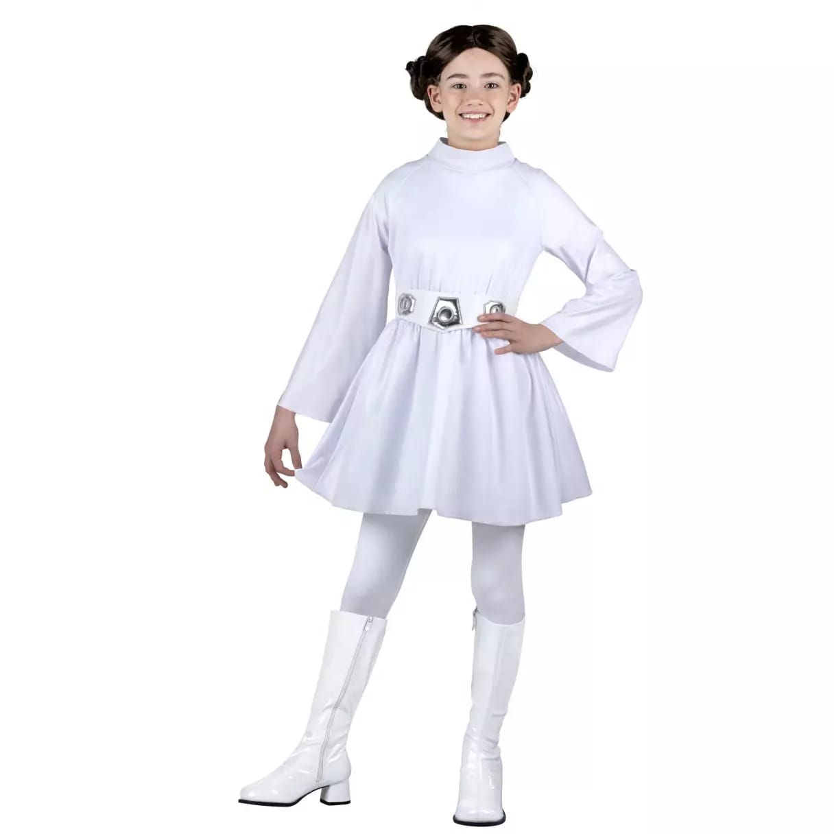 Smiling girl in a white Disney Costumes dress with white boots and silver belt, wearing her hair in two side buns.