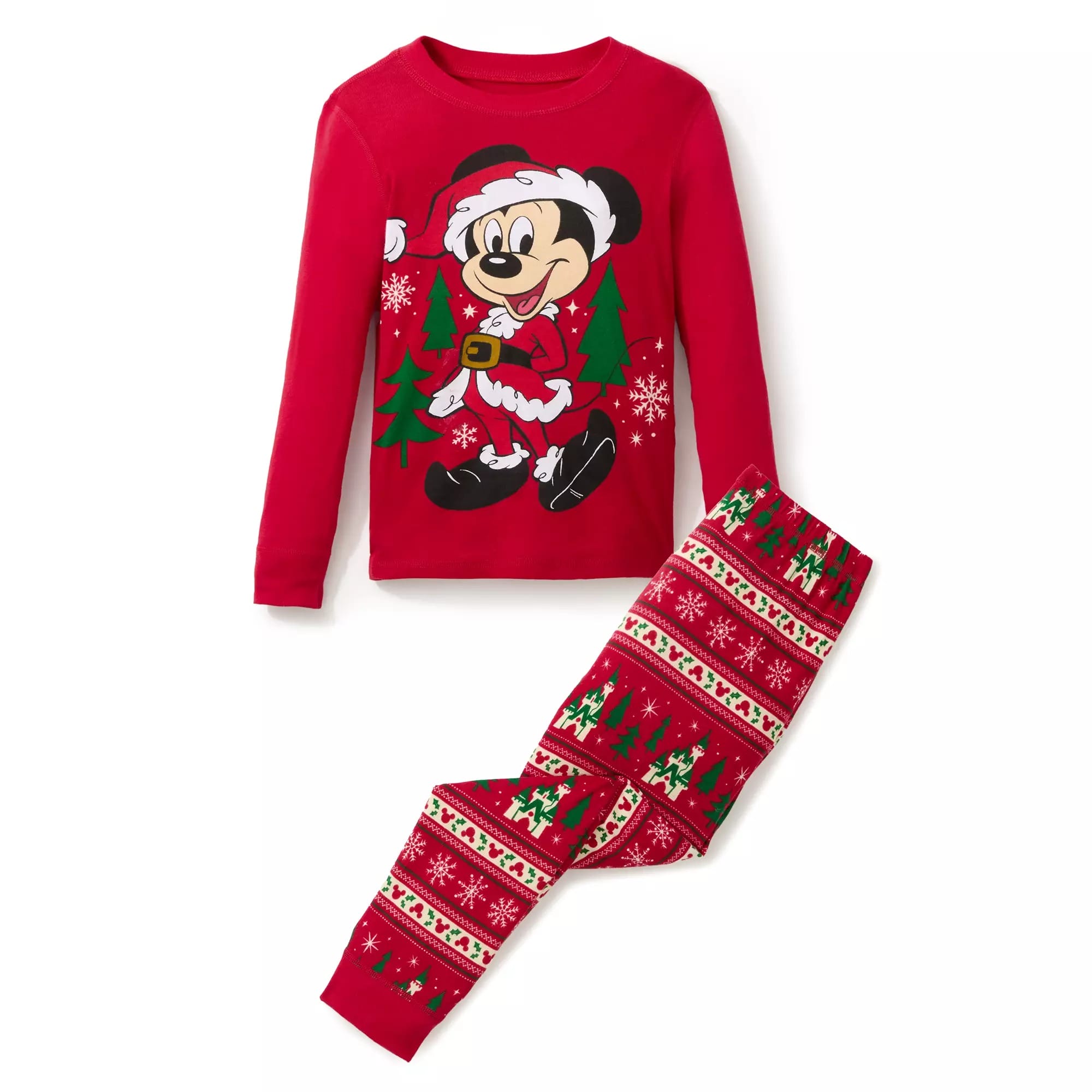 Festive red kids’ pajamas from the Disney Store with a Santa Mickey Mouse top—perfect Disney Christmas merchandise for 2025.