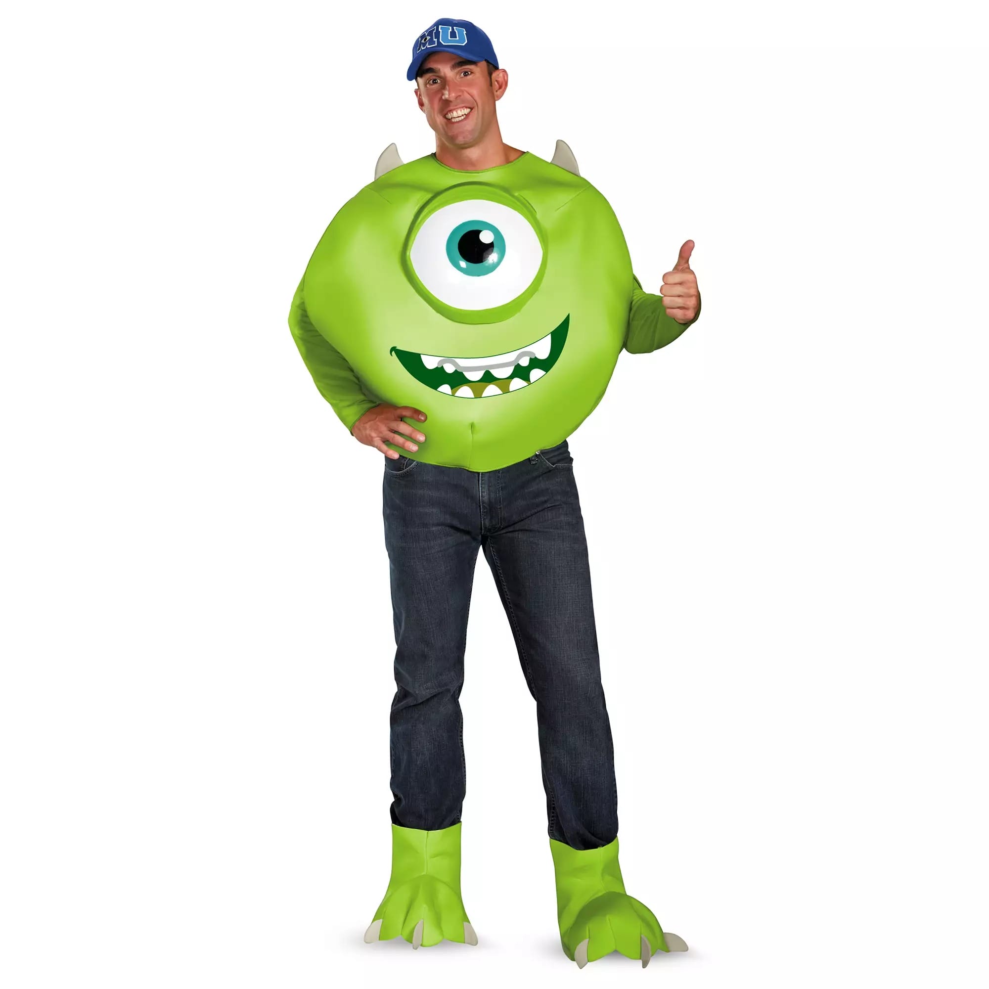Person in a green, one-eyed monster costume from the Disney Store gives a thumbs up—perfect for Halloween costumes!