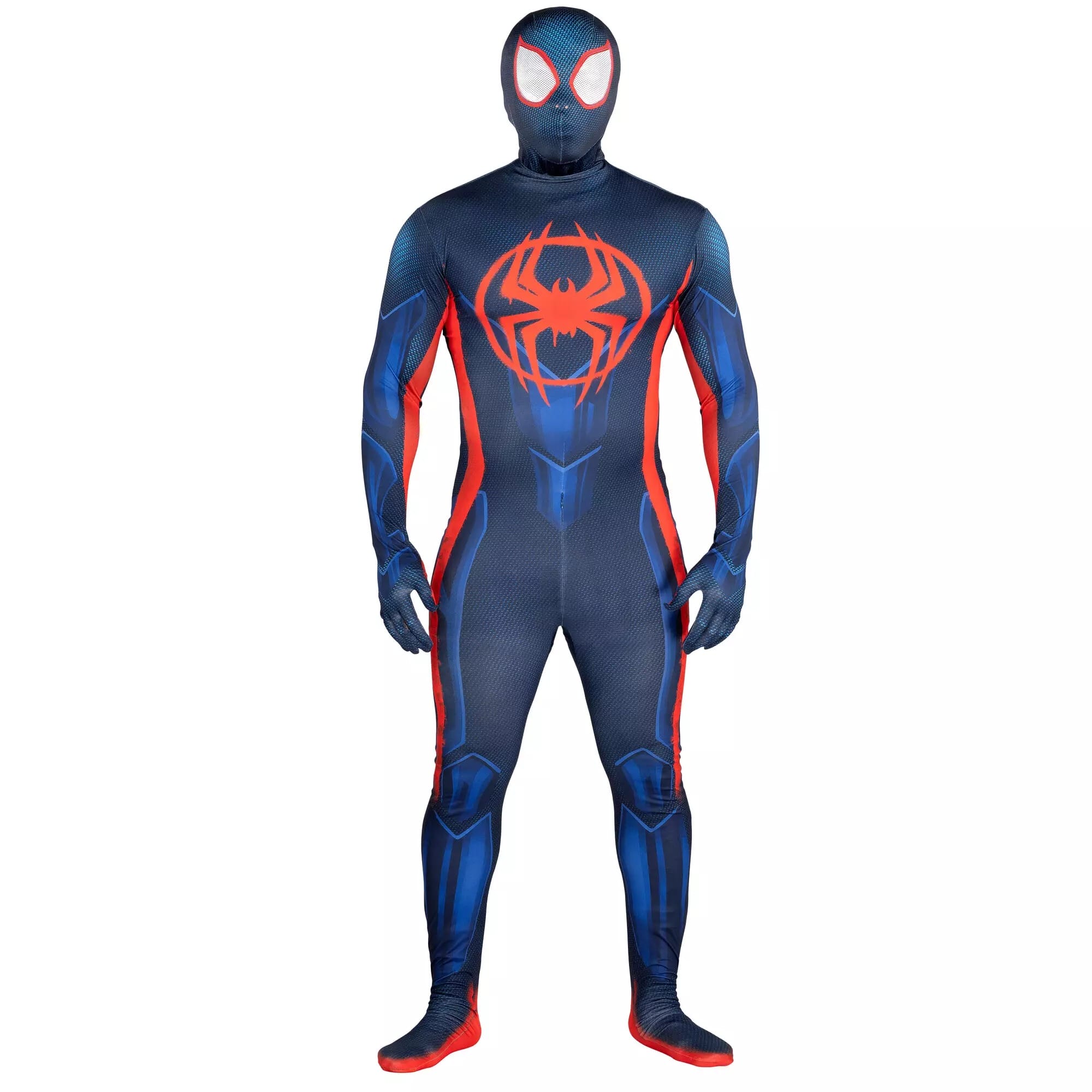Person wearing a blue and red full-body Spider-Man suit, perfect for Halloween costumes or from the Disney Store.