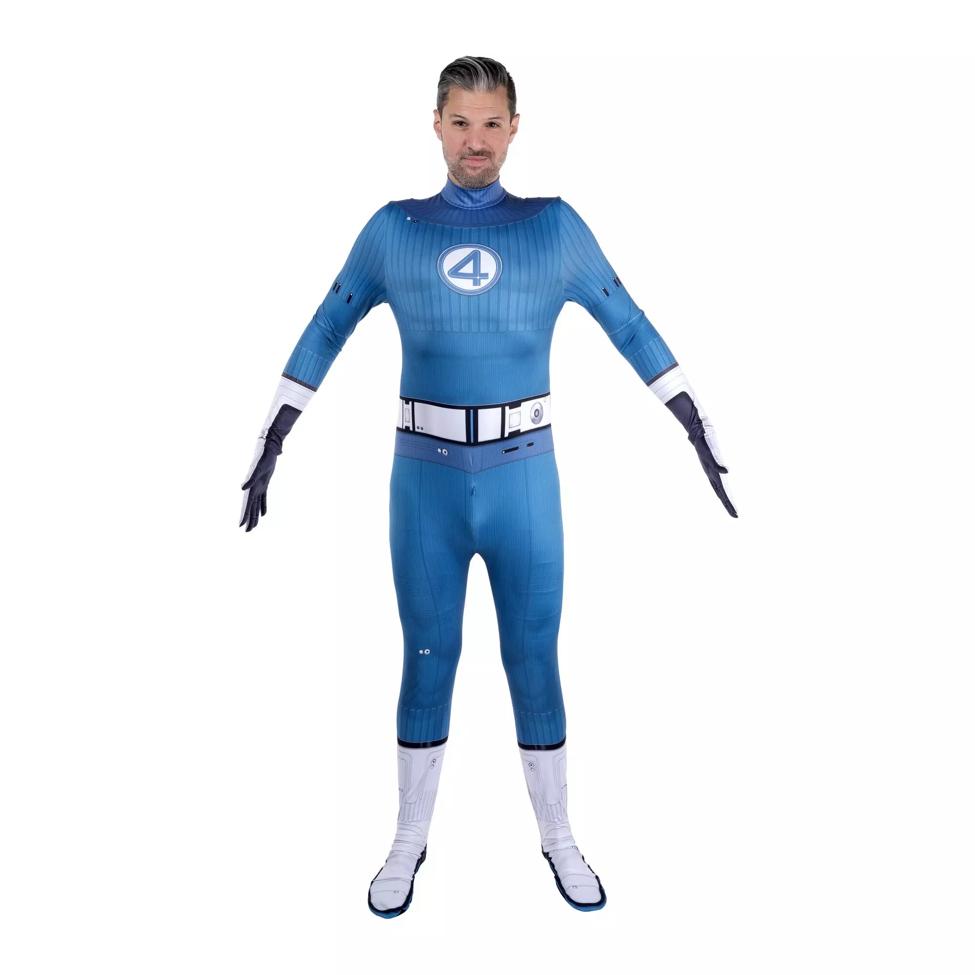 Person in a blue Fantastic Four costume, perfect for Disney Store Halloween costumes, standing against a white background.