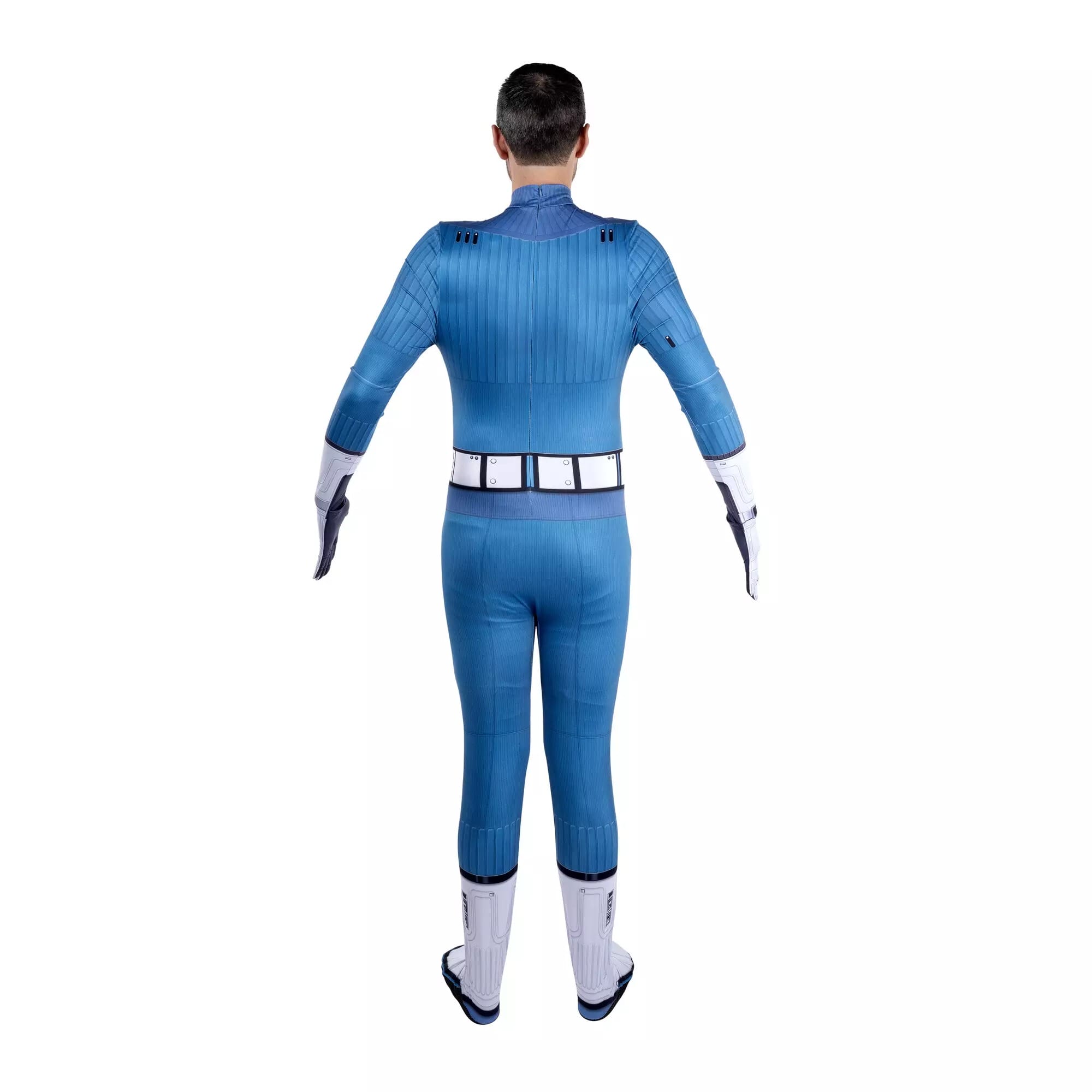 Person in a blue superhero costume from the Disney Store, with white gloves, boots, and belt—perfect for Halloween costumes.
