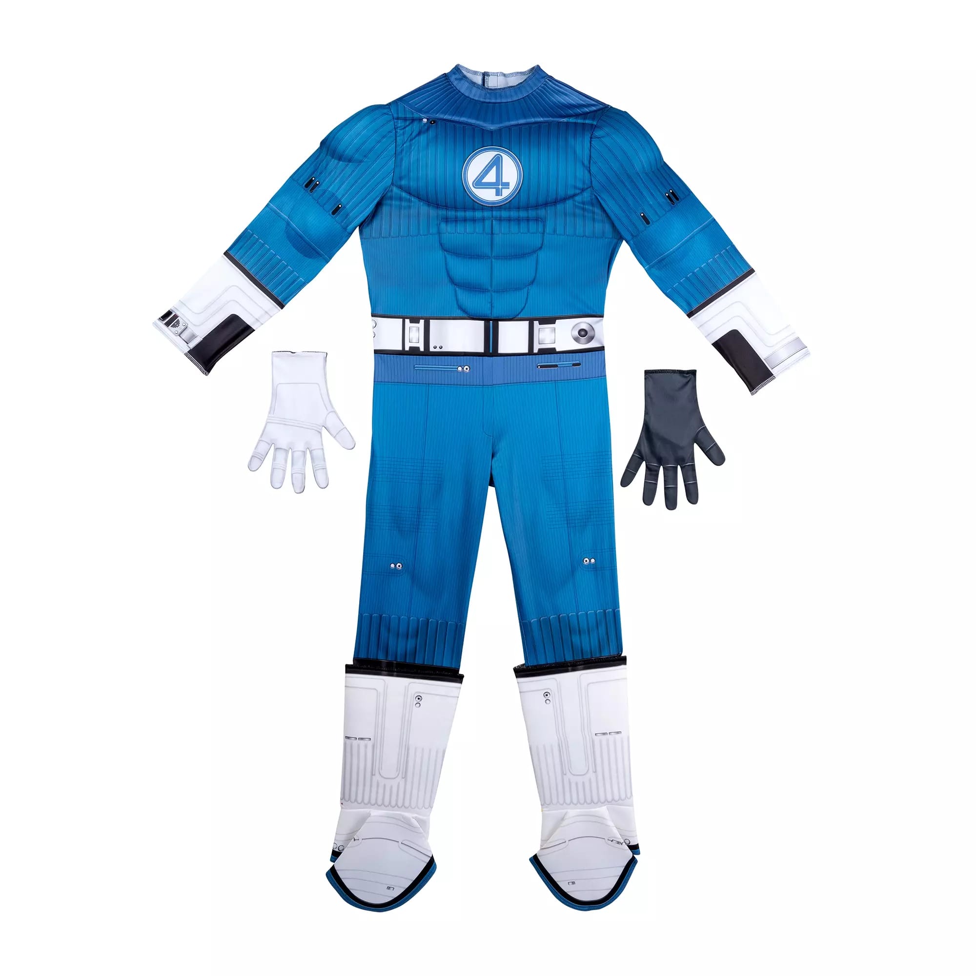 Blue and white superhero costume with a "4" emblem, perfect for Halloween costumes, displayed on a white background.