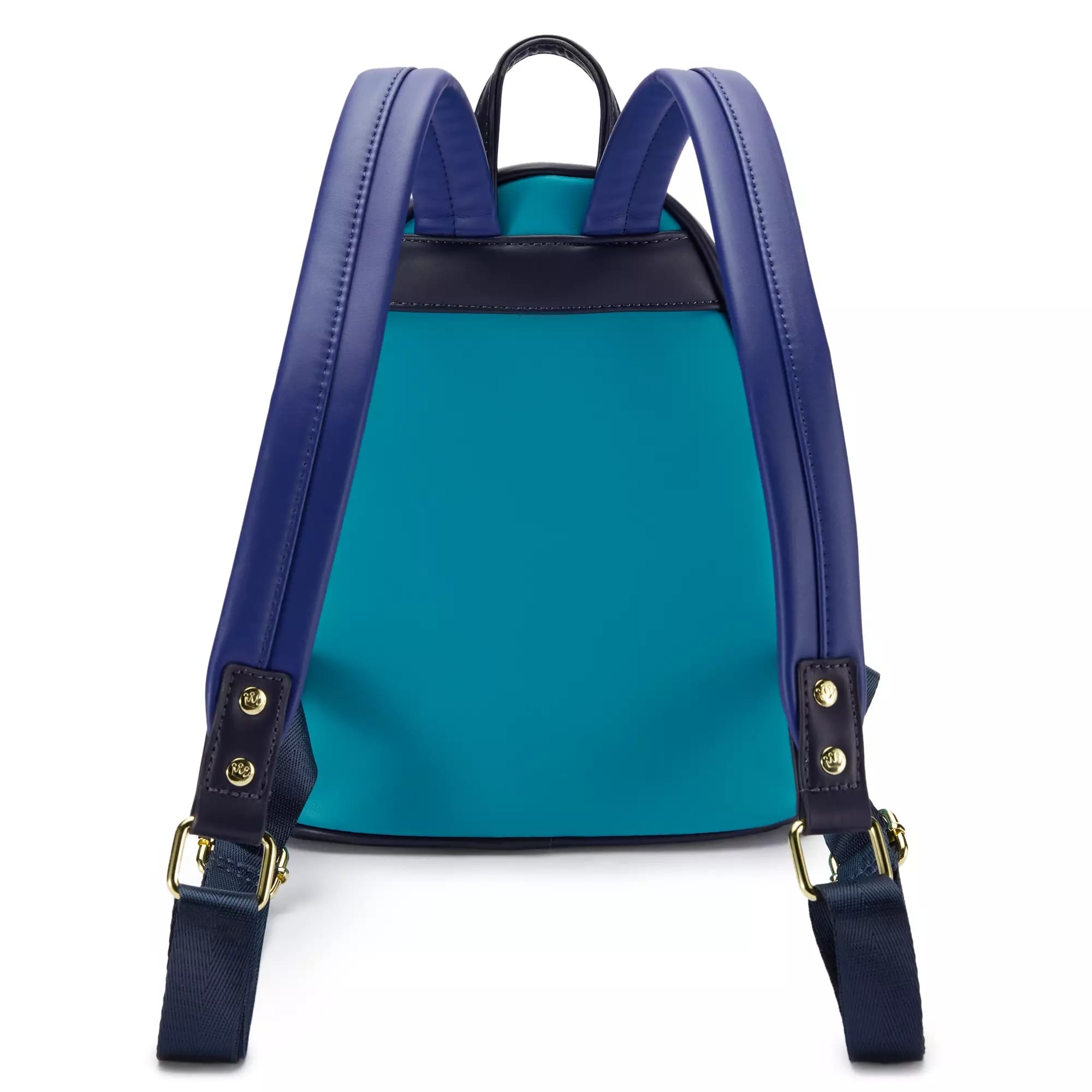 Blue Loungefly Backpack with navy straps and gold buckles, shown from the back against a white background.