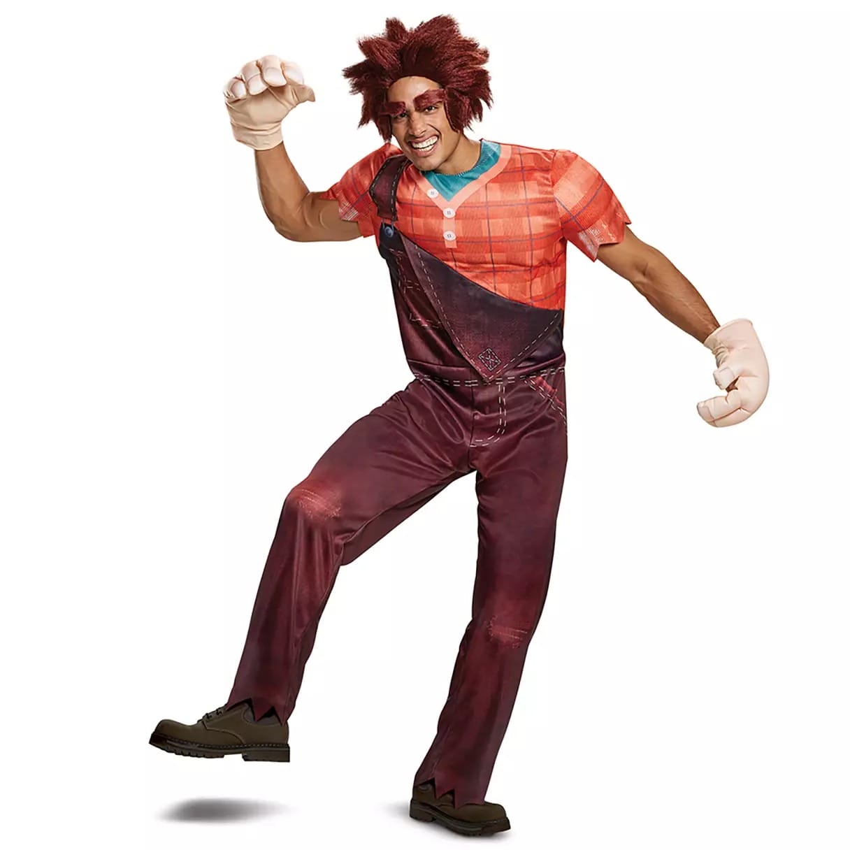 Person in a Wreck-It Ralph costume from the Disney Store, wearing large gloves and overalls, posing playfully for Halloween.