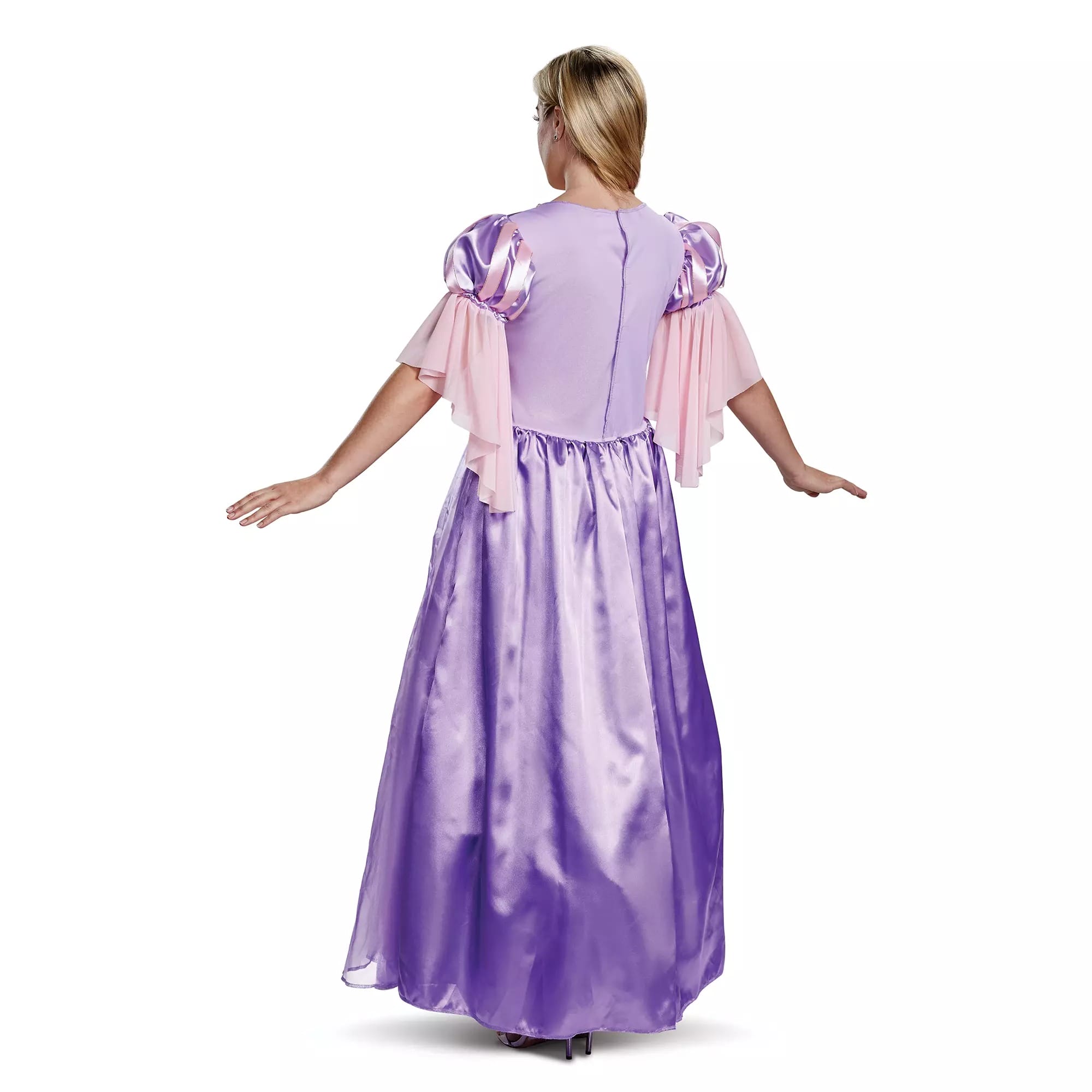 Person with blonde hair in a shiny purple and pink Disney Store princess Halloween costume, arms outstretched, back facing.
