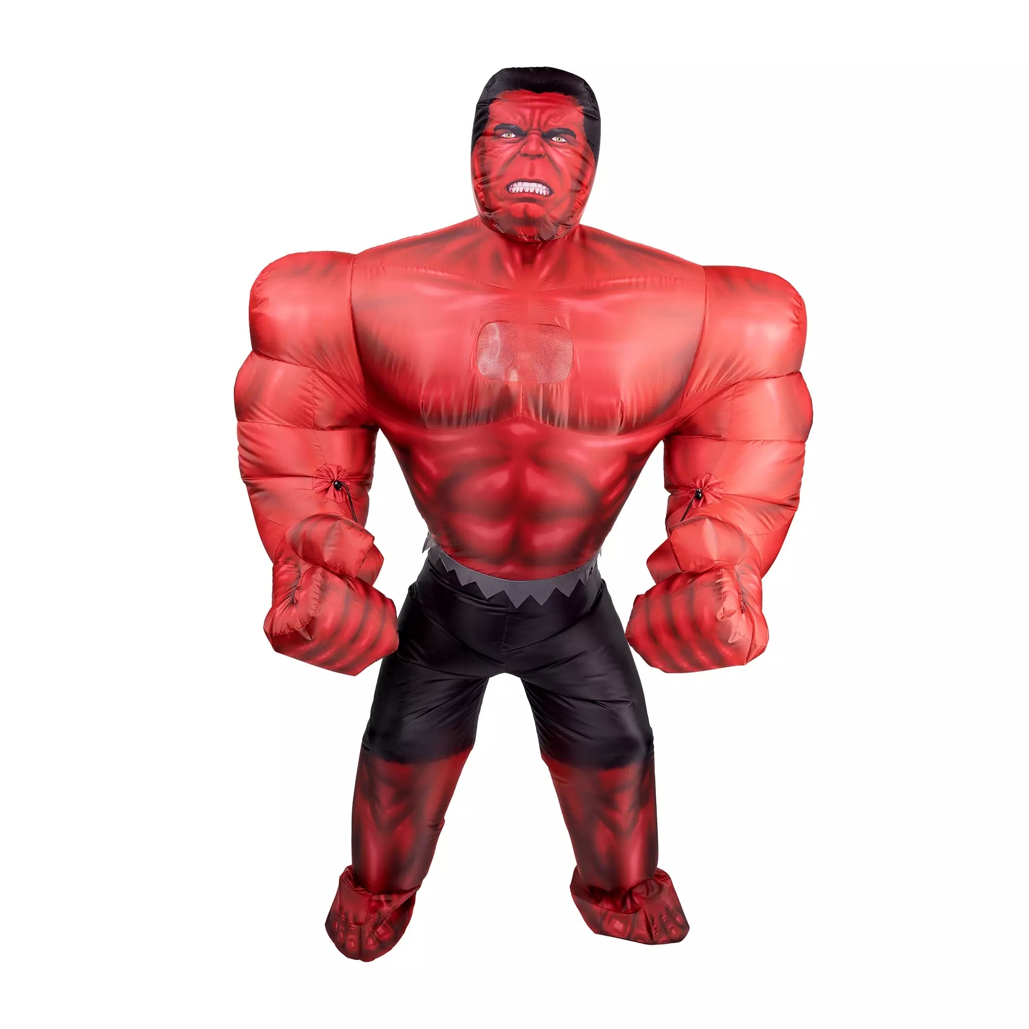 Person wearing an inflatable red muscle suit with black pants—perfect for Halloween costumes or comic character fun.