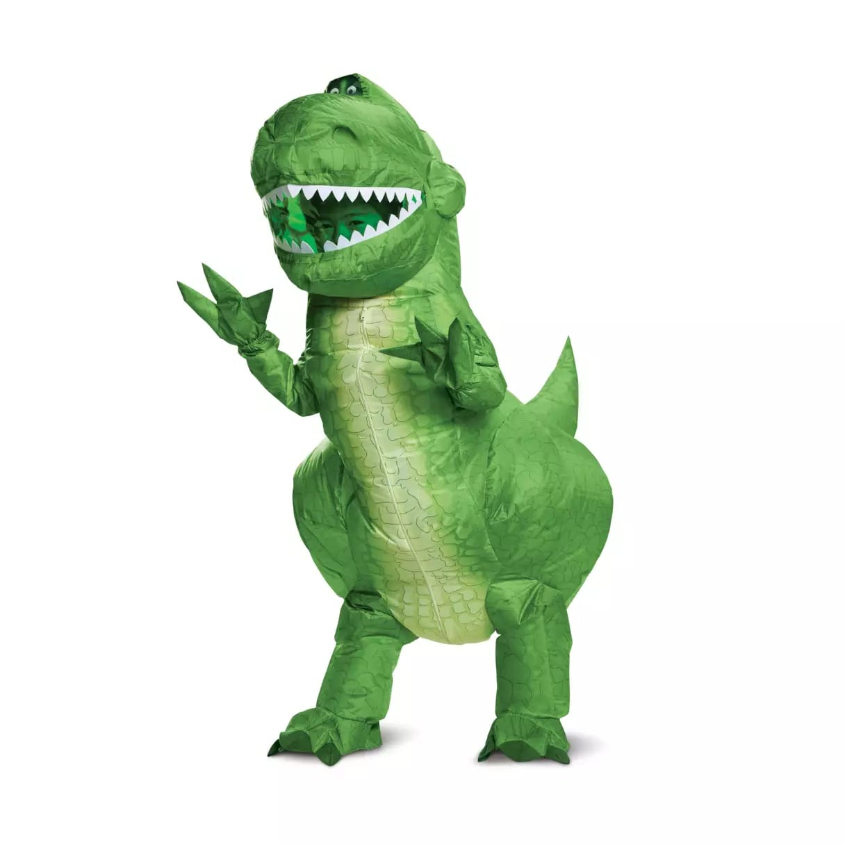 Person wearing a green inflatable dinosaur costume with white teeth, perfect for Halloween Costumes or Disney Costumes fun.