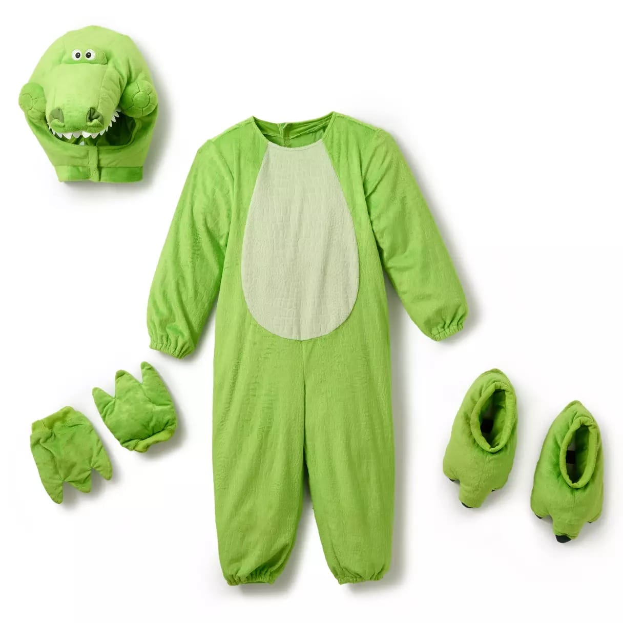 Green children's dinosaur costume set with jumpsuit, claw gloves, booties, and hood—perfect for Halloween costumes.