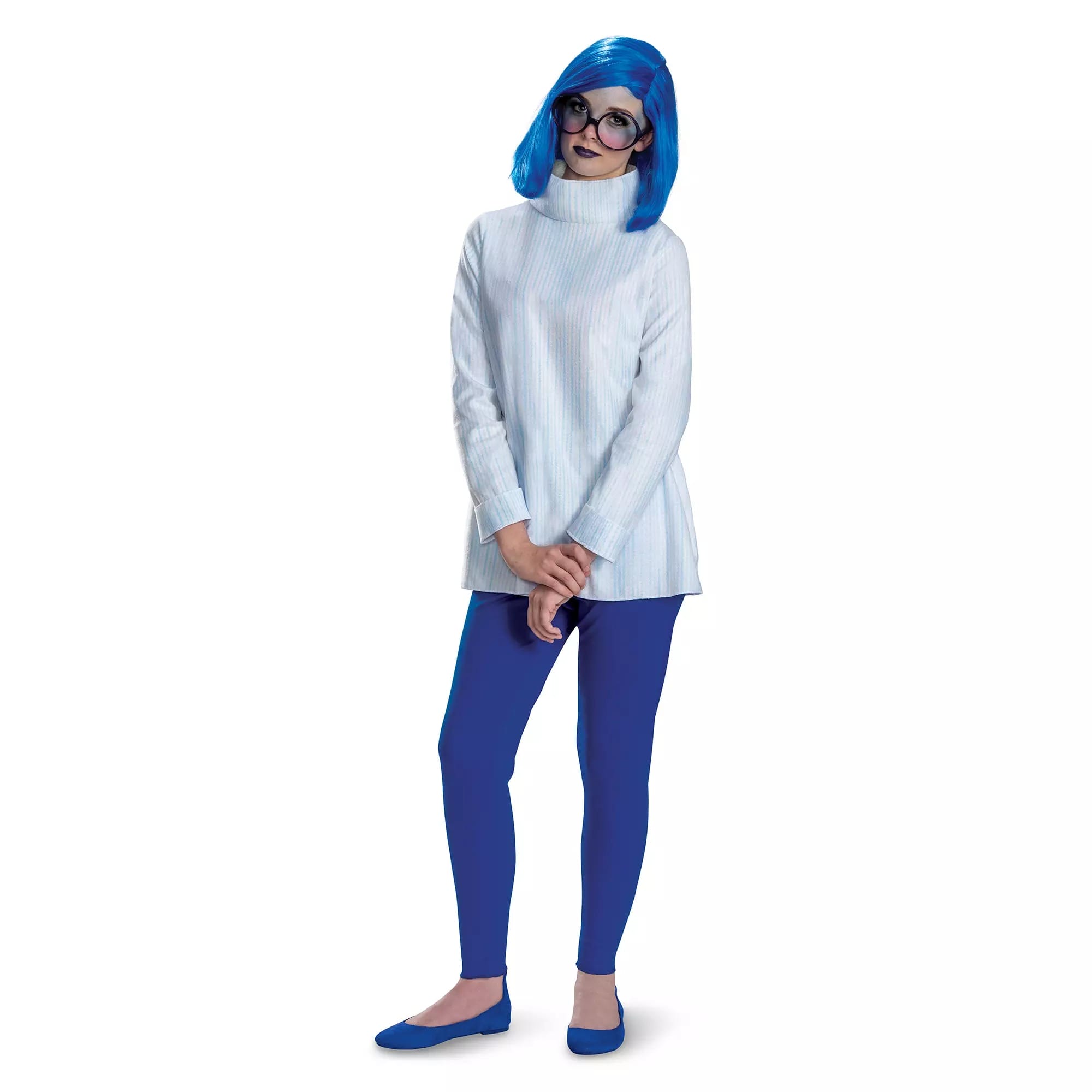 Person in a blue wig, large round glasses, and blue leggings—perfect inspiration for creative Halloween costumes.