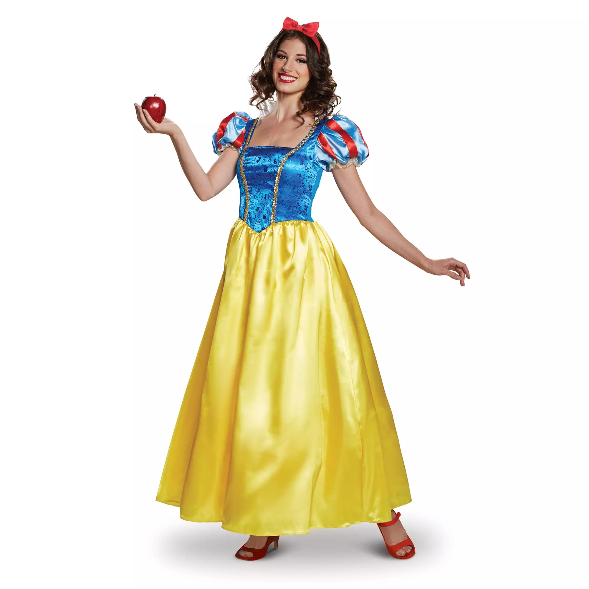 Woman in a Disney Store Snow White costume, holding a red apple and wearing a classic dress with red bow headband.