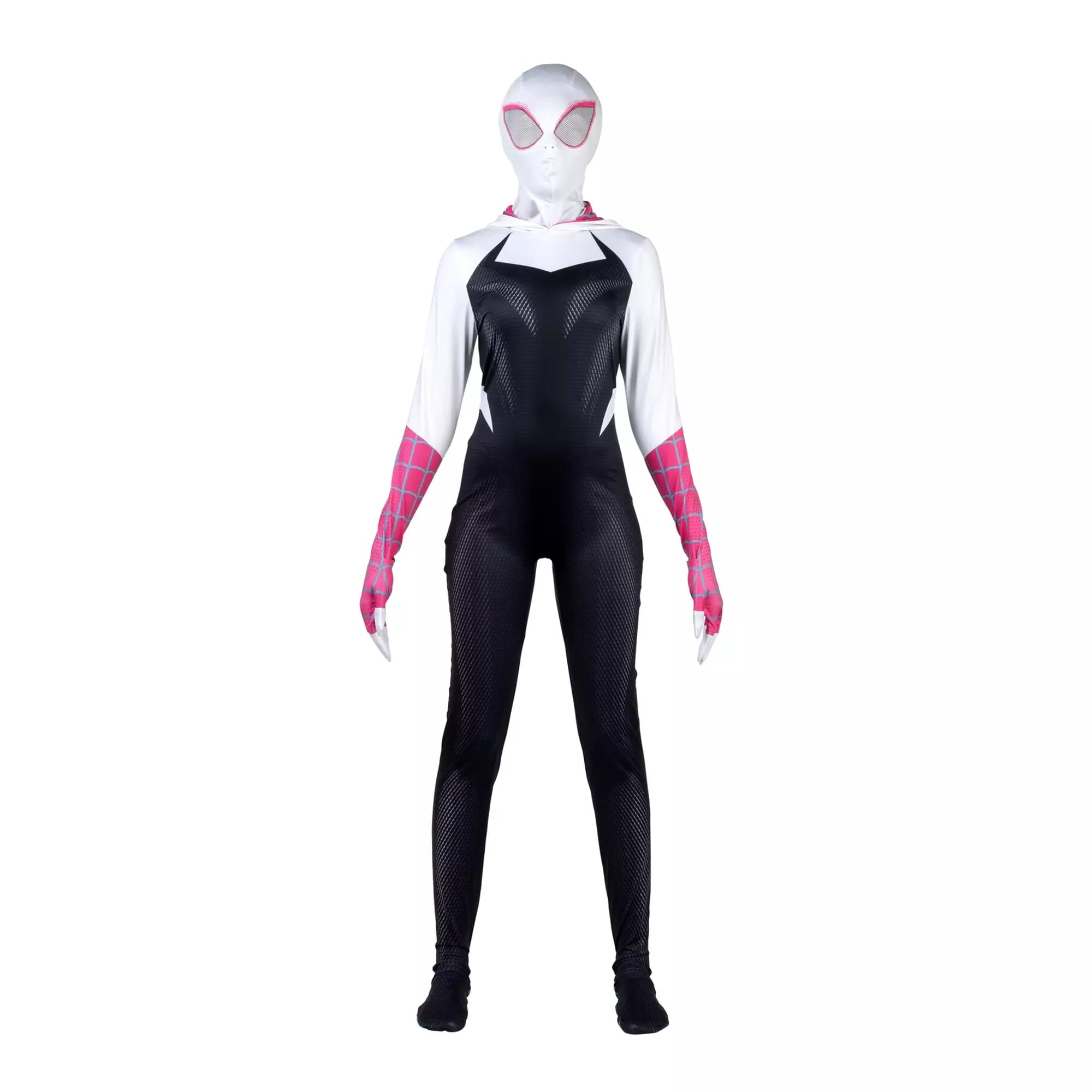 Person in a Spider-Gwen costume from the Disney Store, with a white hood and pink webbed gloves—perfect for Halloween costumes.