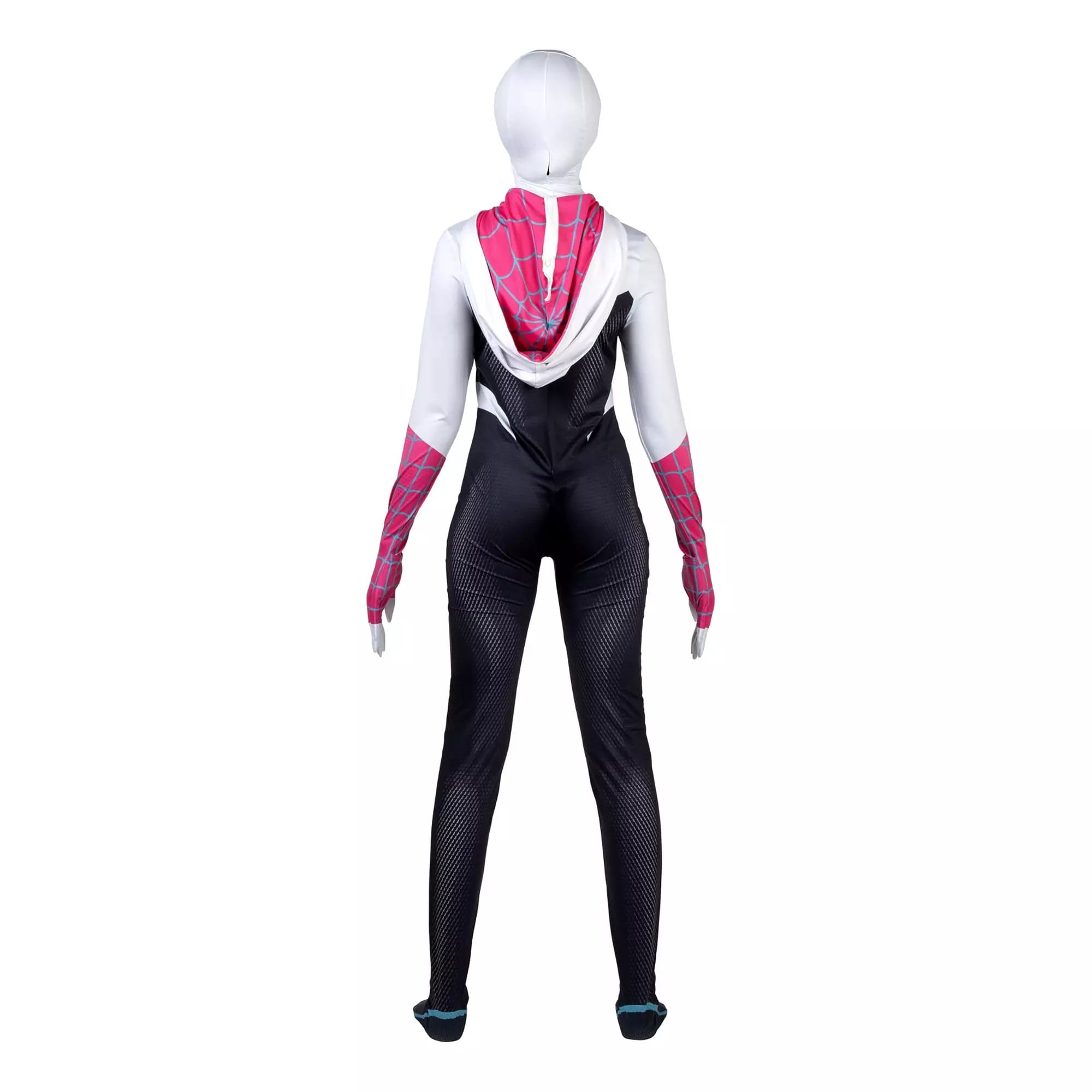 Person in a Spider-Gwen costume from the Disney Store, with white, pink, and black colors, standing facing away.