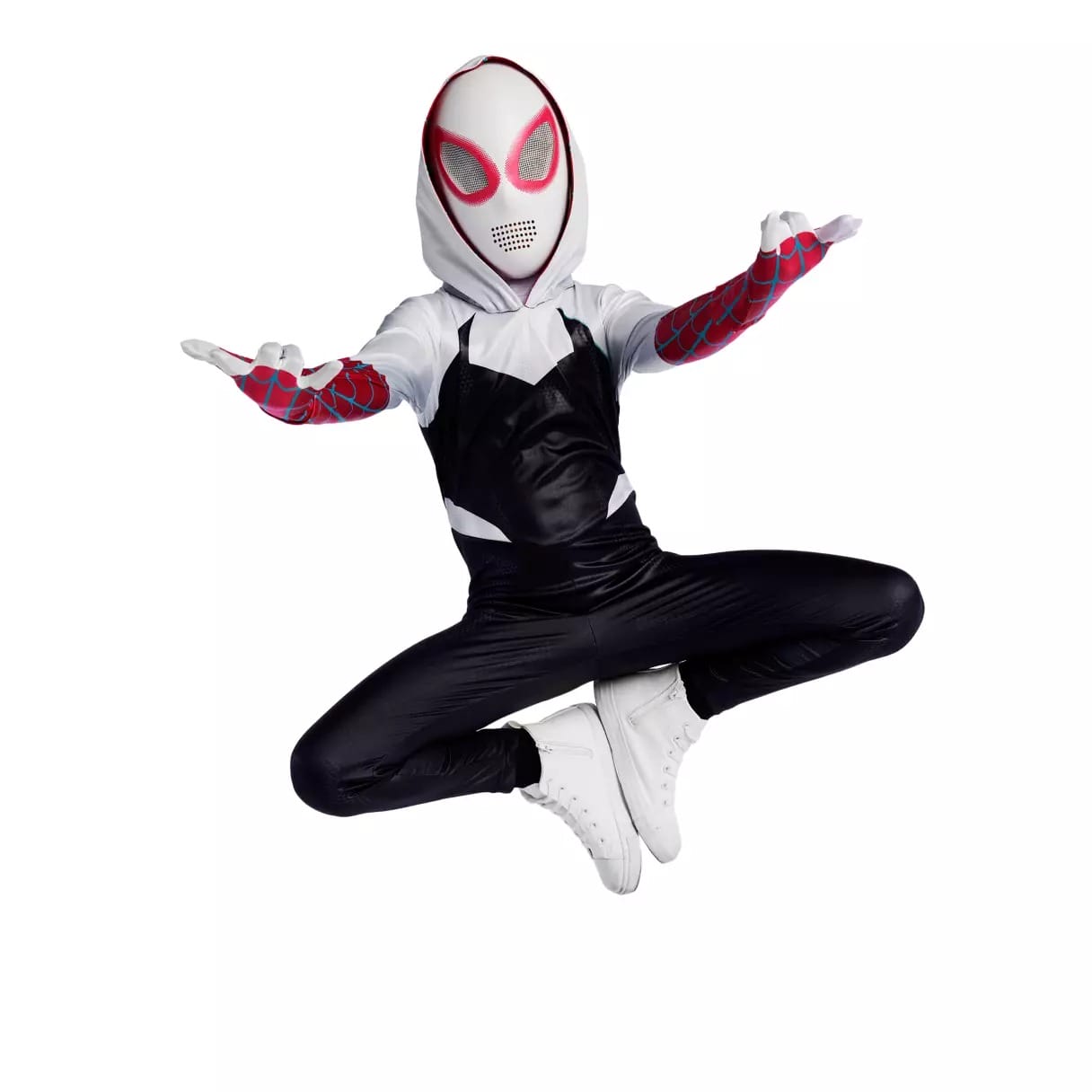 A person in a Spider-Gwen costume jumps mid-air, sporting white shoes and a mask—perfect for Halloween costumes.