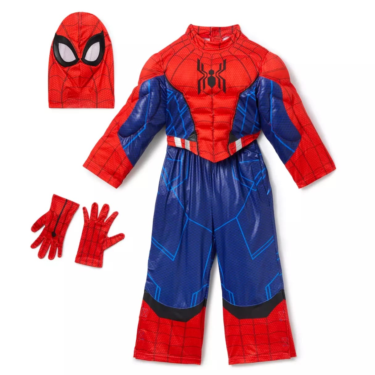 Children’s Spider-Man Halloween costume from Disney Store with mask, gloves, and a padded red and blue spider web suit.