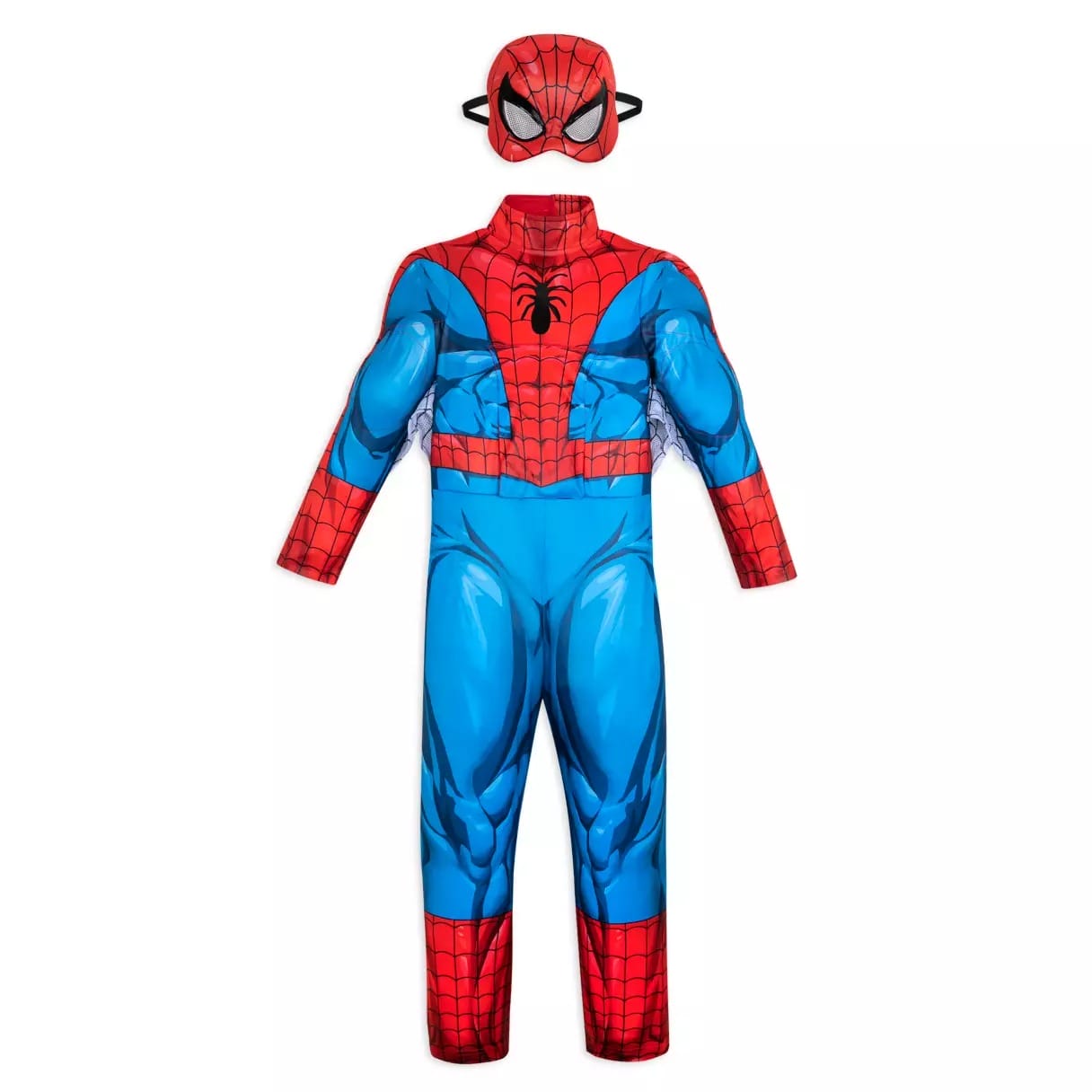 Children’s Spider-Man costume from the Disney Store with red and blue bodysuit and matching mask, perfect for Halloween costumes.