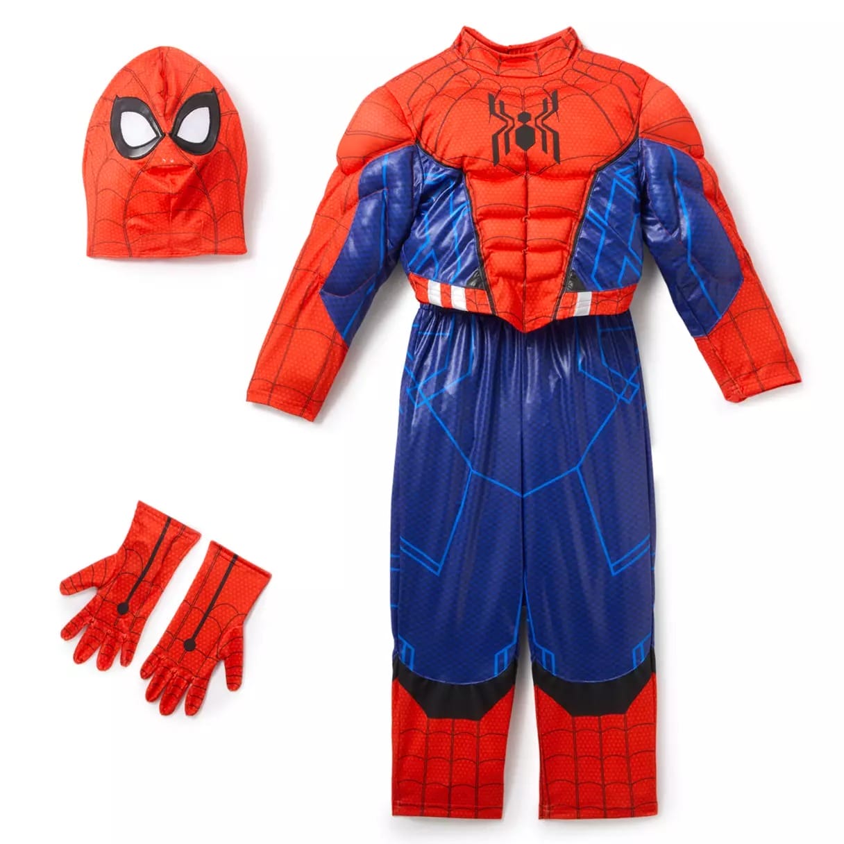 Children’s Spider-Man costume set from Disney Store with padded suit, mask, and gloves displayed—perfect for Halloween Costumes.