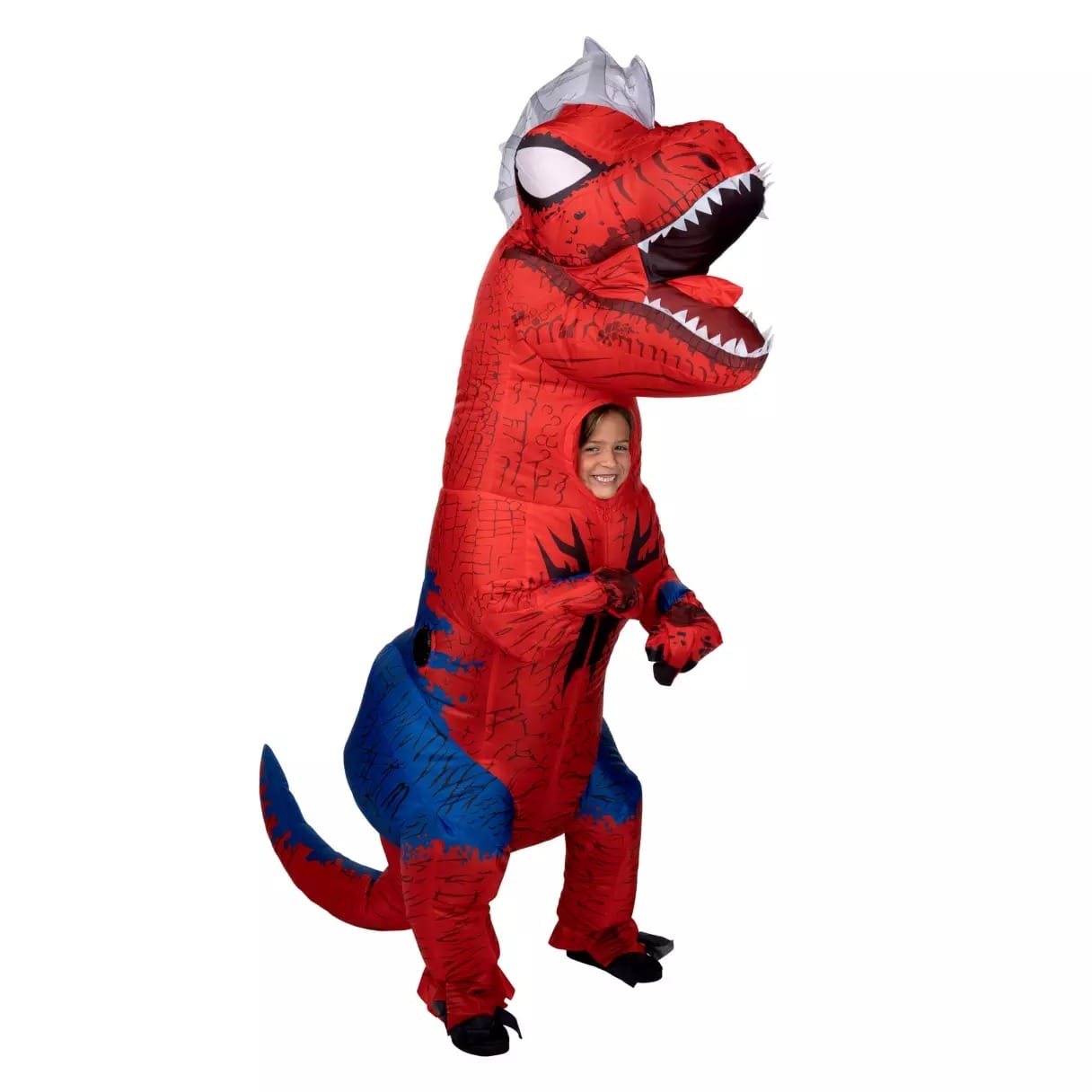 Person smiling inside a red and blue inflatable dinosaur costume, perfect for fun Halloween Costumes from the Disney Store.
