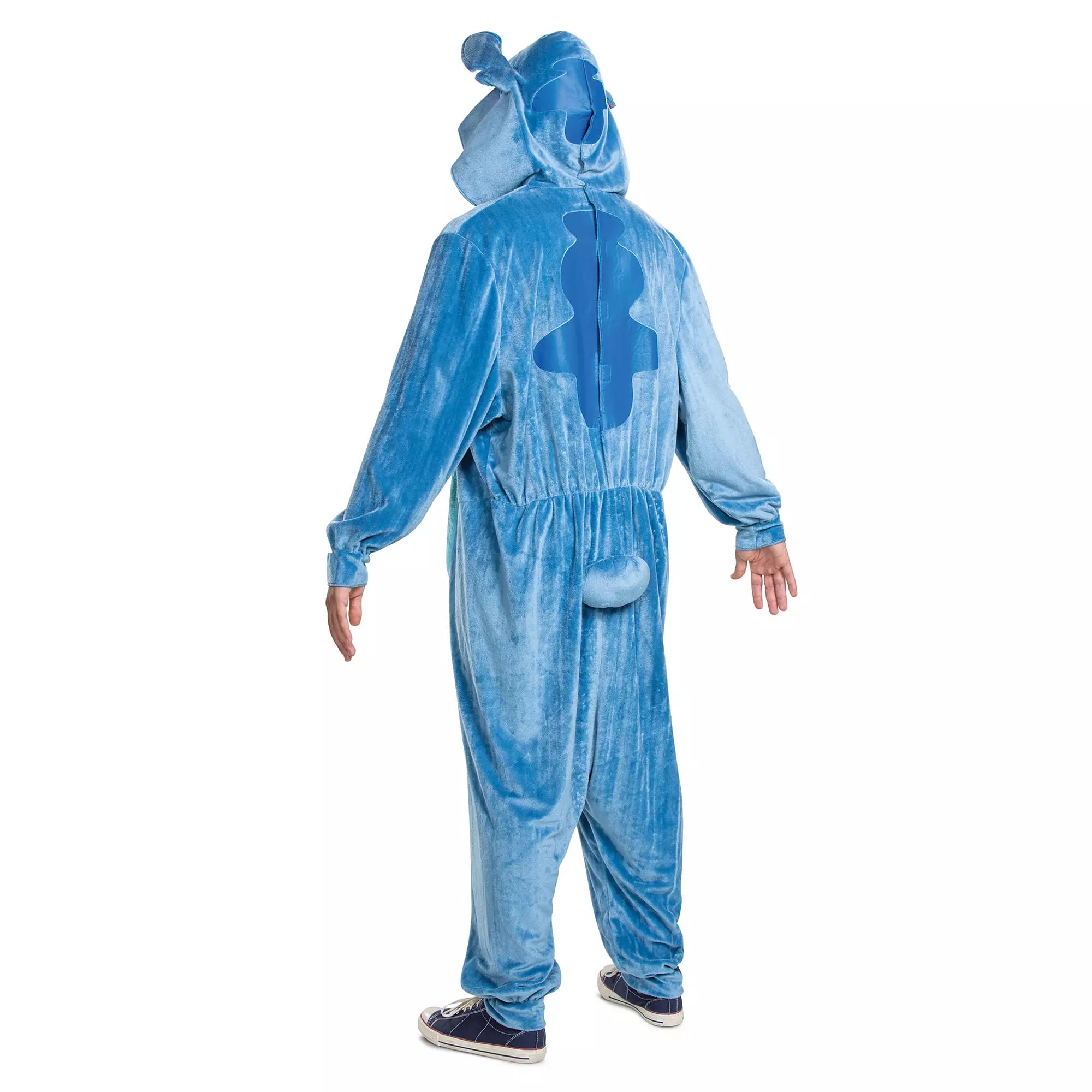 Person in a blue bear costume from the Disney Store with ears, tail, and heart patch, standing facing away.