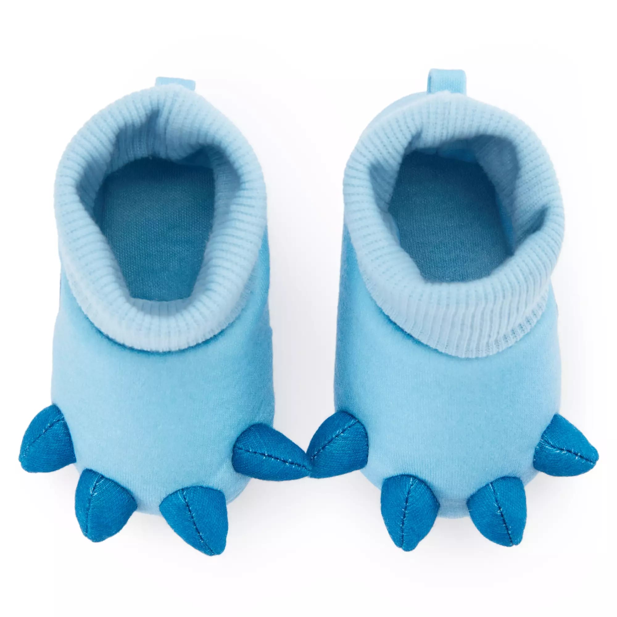 A pair of light blue baby booties with dark blue soft dinosaur claws, perfect for Disney Costumes or Halloween Costumes.
