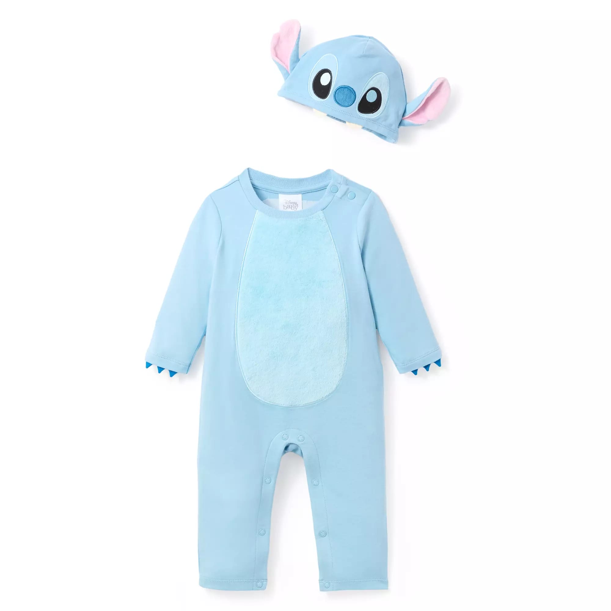 Light blue baby onesie with matching hat, cartoon eyes, and pink ears—Disney Store style, perfect for Halloween costumes.