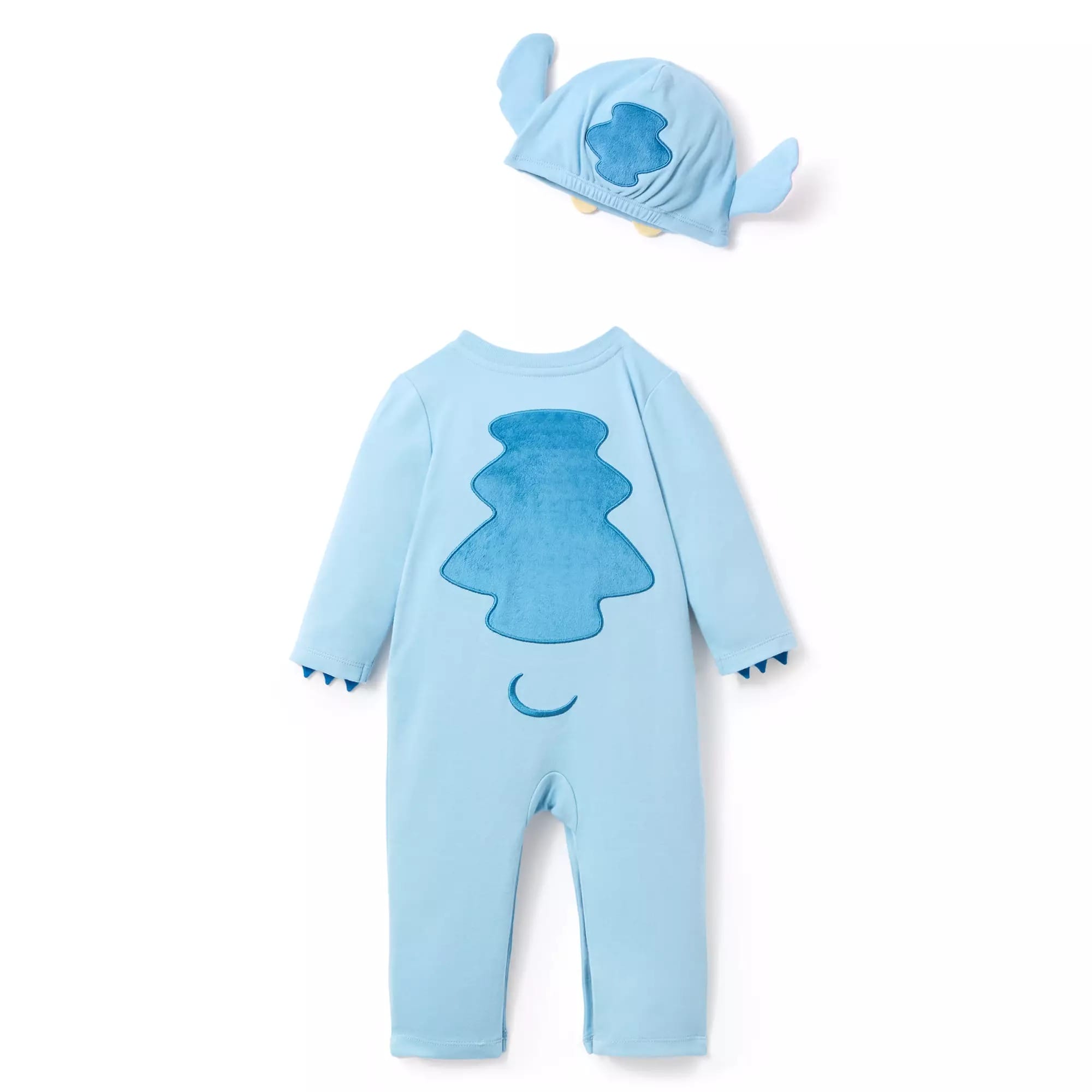 Light blue baby onesie with dinosaur spikes, perfect for Halloween costumes; includes a matching hat with ears and scales.