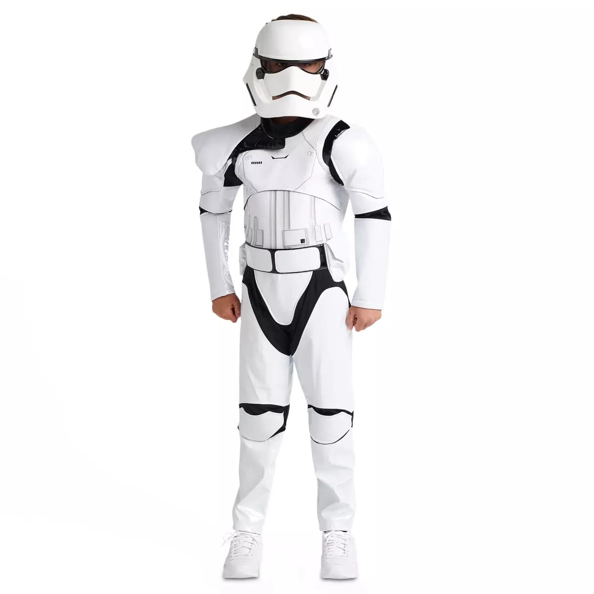 A child dressed in a Disney Store Star Wars stormtrooper costume, perfect for Halloween, stands against a white background.