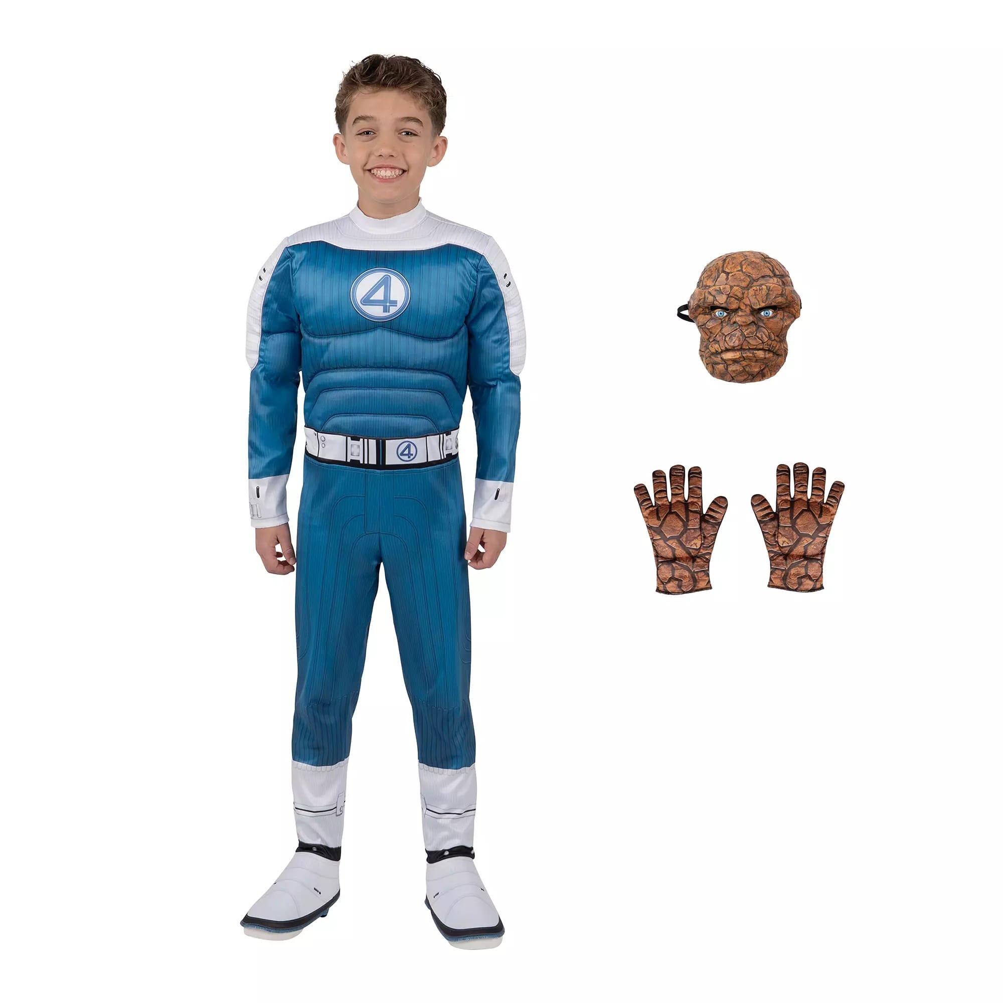 Smiling child in a blue Fantastic Four costume with The Thing mask and gloves from the Disney Store beside him.