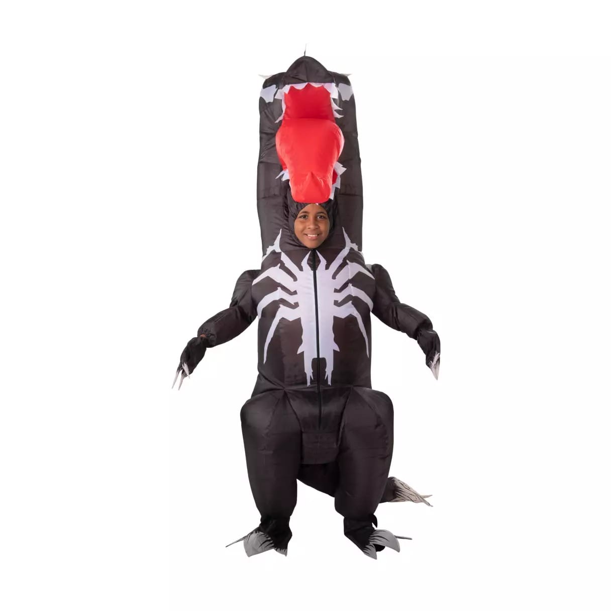 Person wearing a Disney Costumes inflatable dinosaur with red tongue and white skeleton, smiling at the camera.